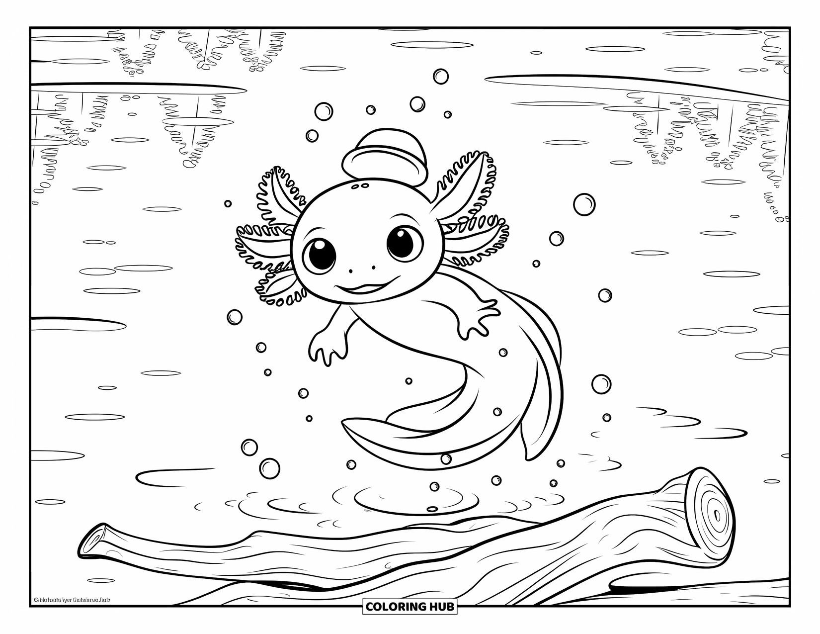Baby Axolotl Coloring Page for Kids: Baby axolotl twirling around driftwood with bubbles in a peaceful lake