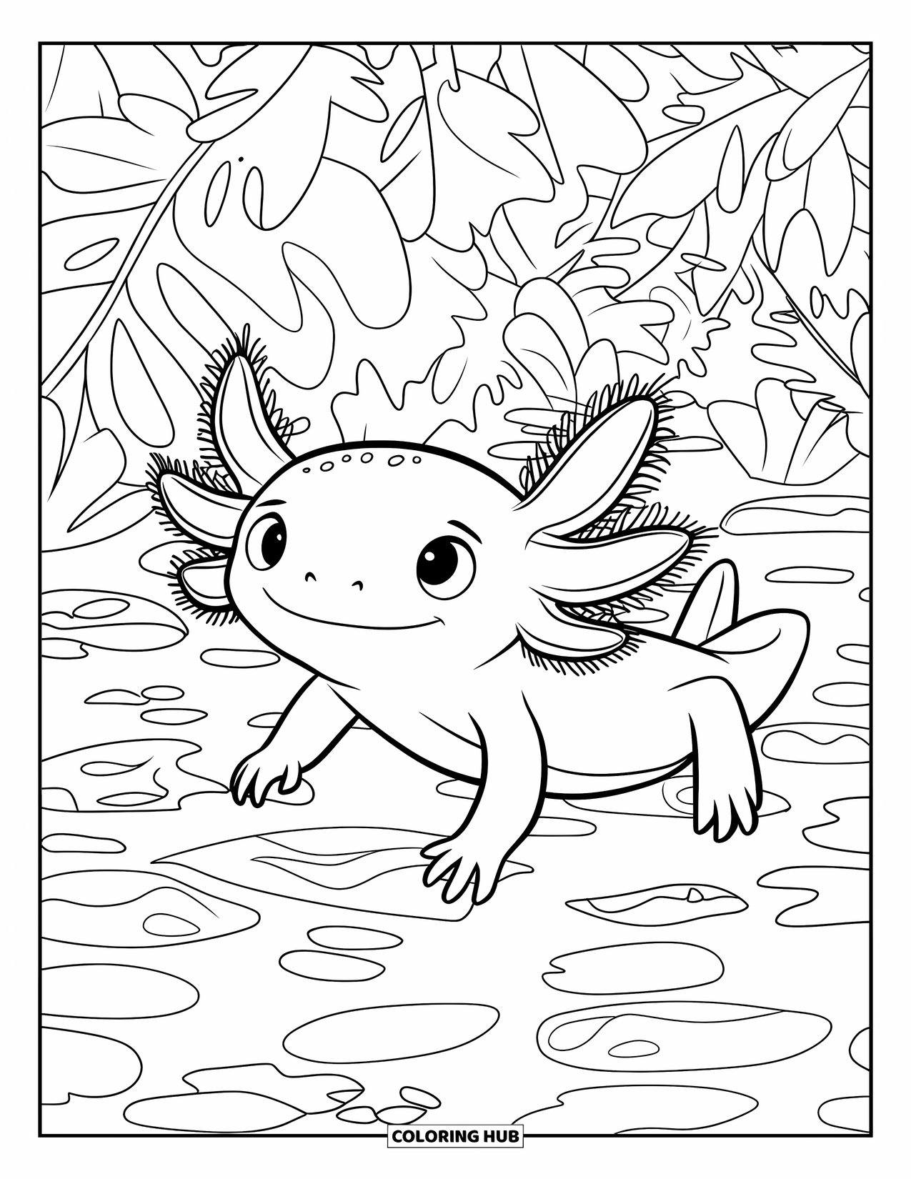 Baby Axolotl Coloring Page for Kids: Happy axolotl swims through leafy pond waters full of algae