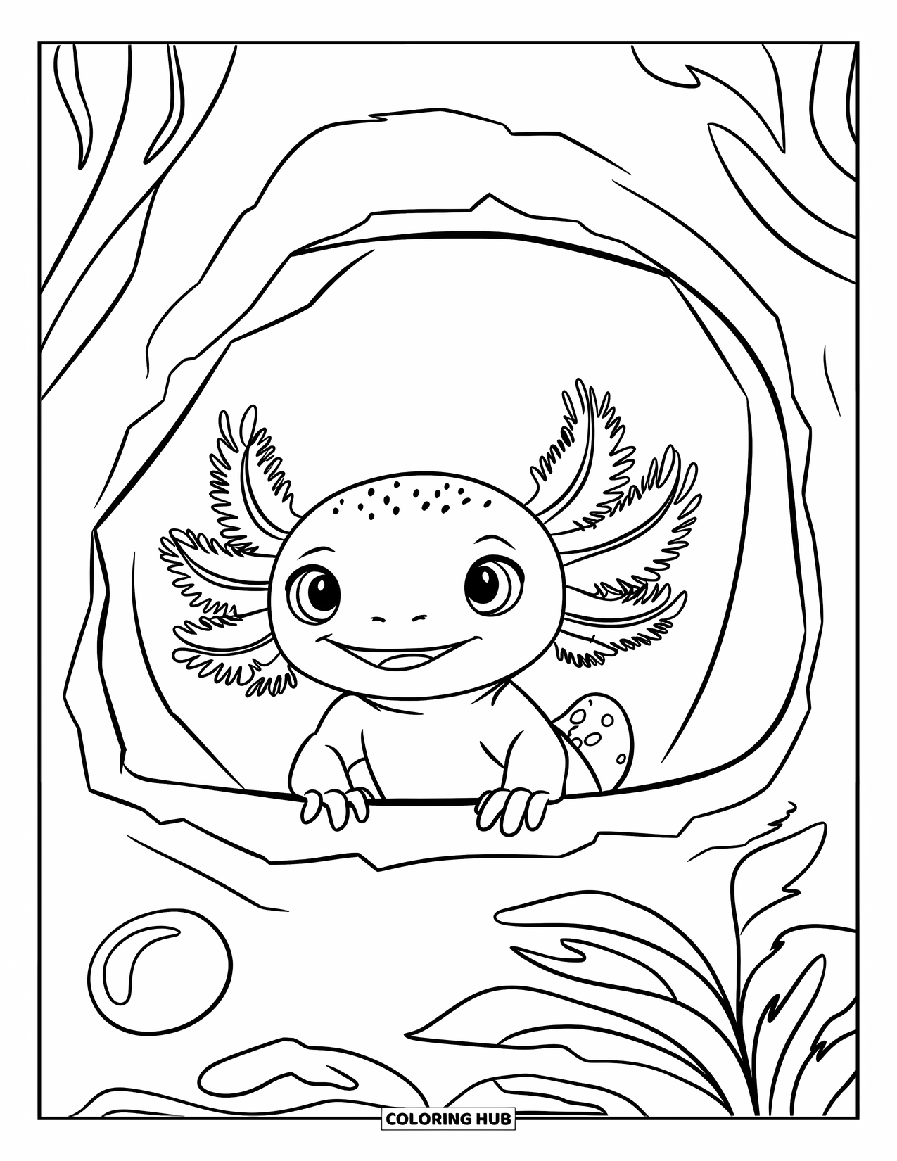 Baby Axolotl Coloring Page for Kids: Playful axolotl peeks from a cave with a bubble floating beside it