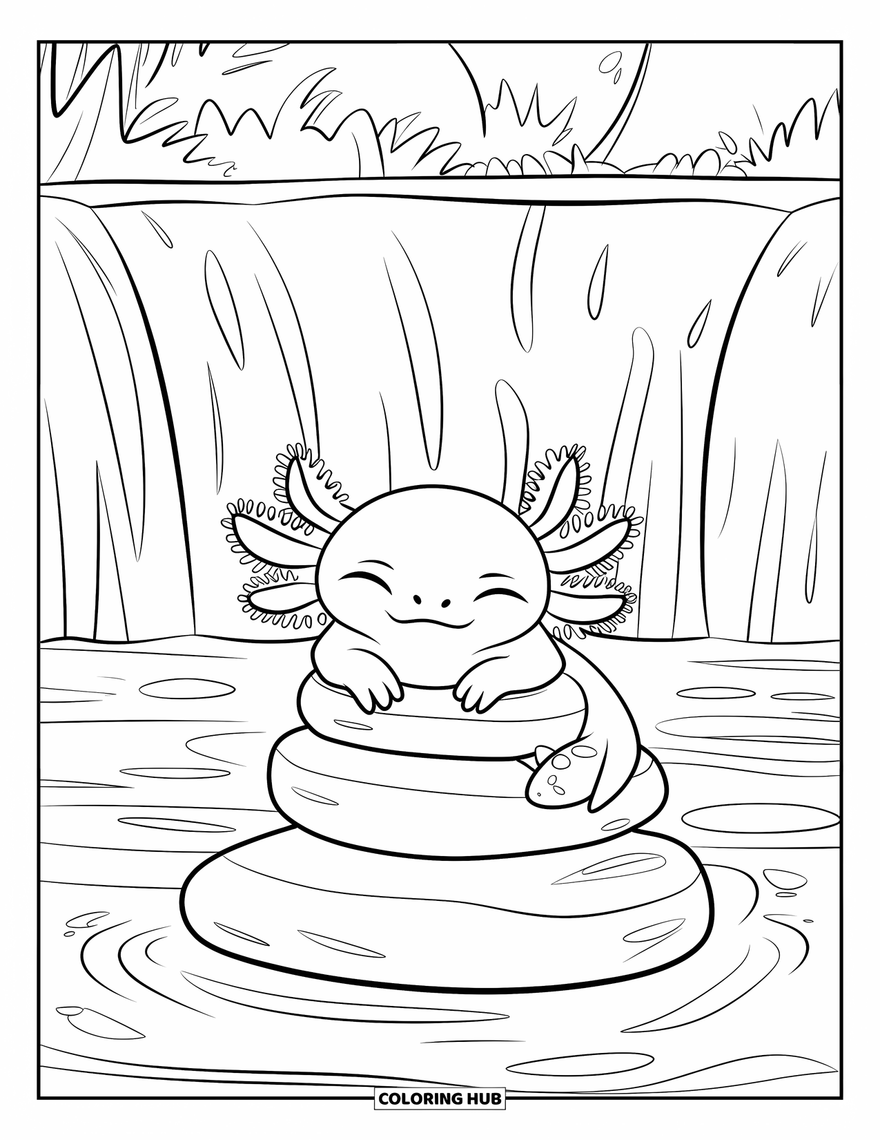 Baby Axolotl Coloring Page for Kids: Sleepy axolotl relaxes on stacked stones beneath a waterfall