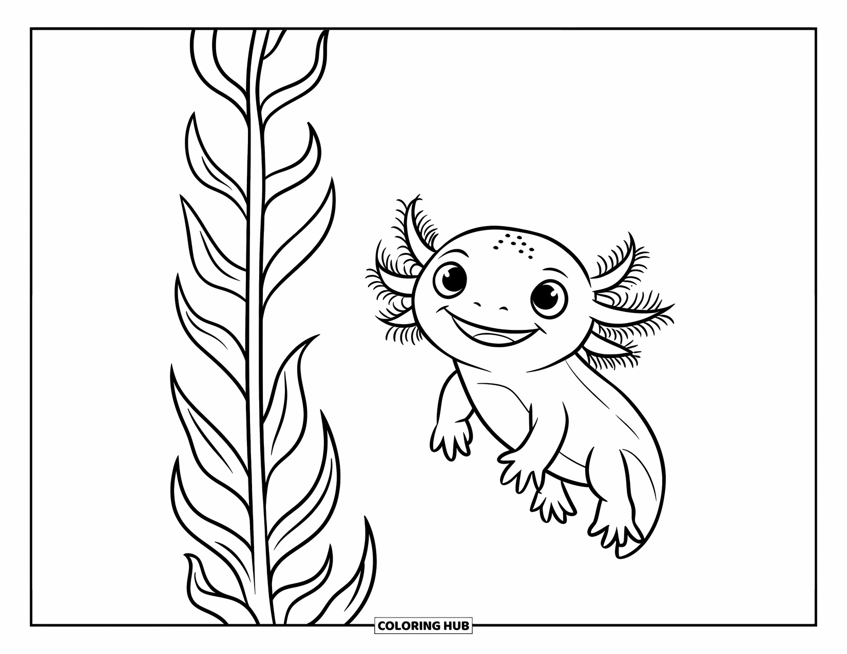 Baby Axolotl Coloring Page for Kids: Smiling axolotl floats beside a tall underwater plant