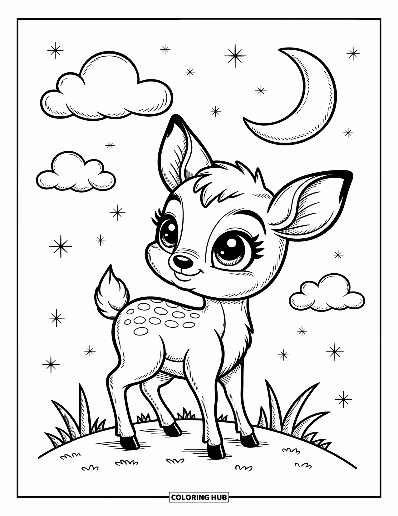Baby Deer Coloring Page for Adults: A baby deer gazes up at the moon and stars from a grassy hilltop