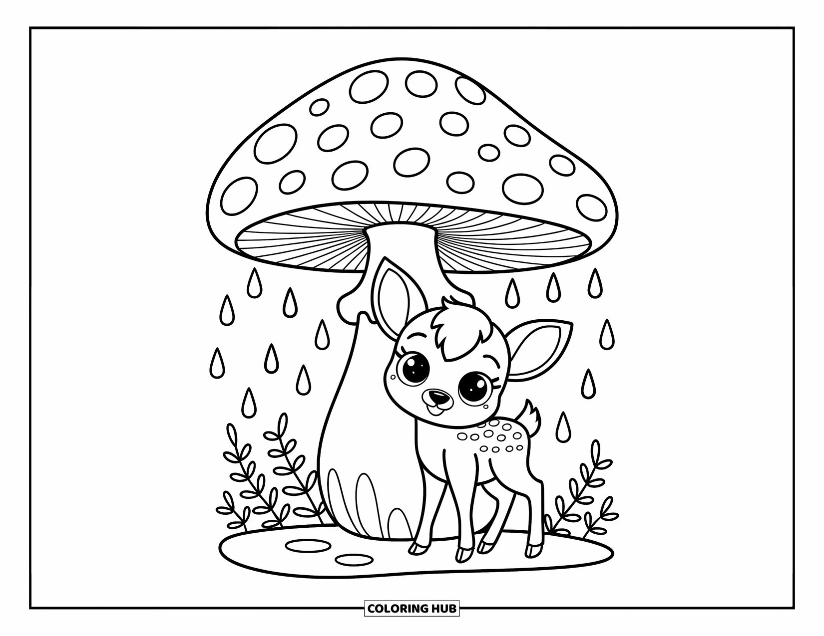 Baby Deer Coloring Page for Adults: A baby deer hides under a toadstool as rain drips into a puddle by its feet