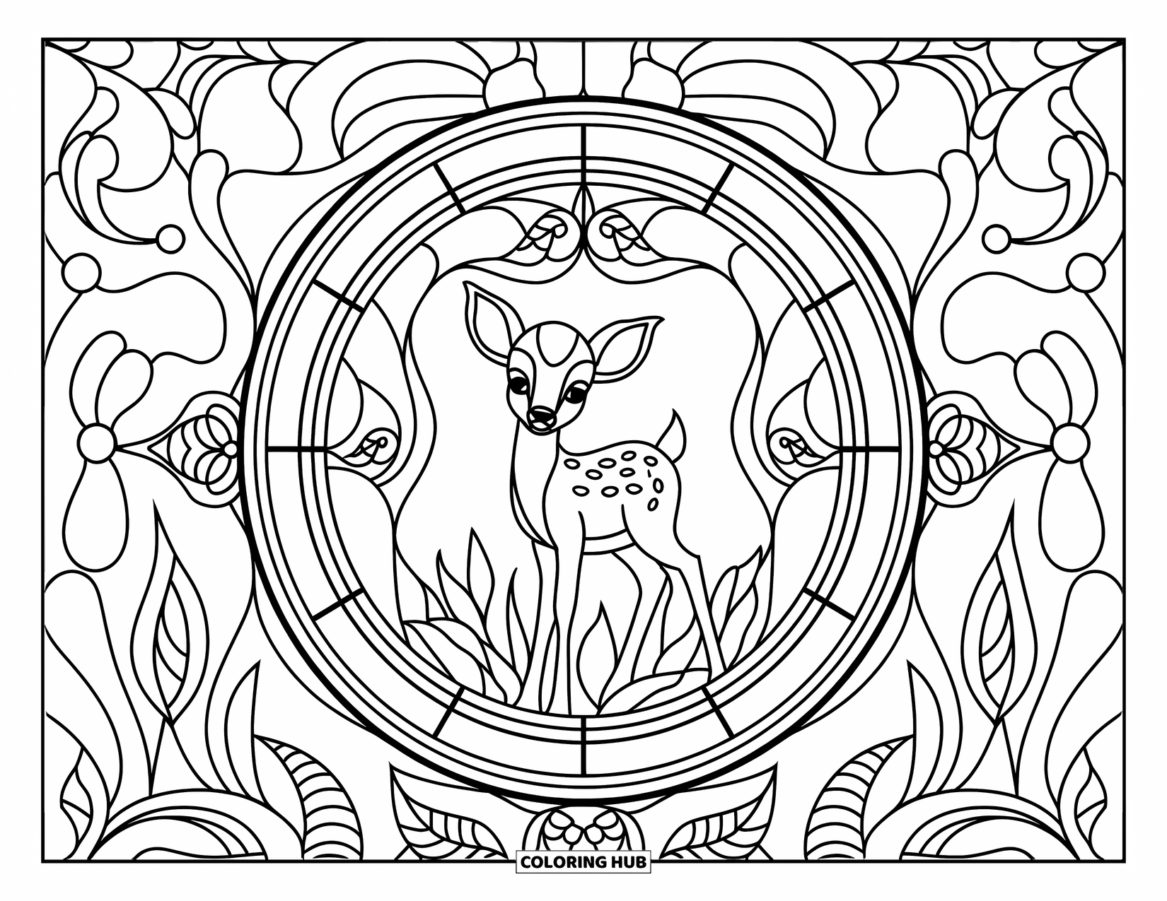 Baby Deer Coloring Page for Adults: A baby deer is nestled inside a decorative stained glass circle full of nature details