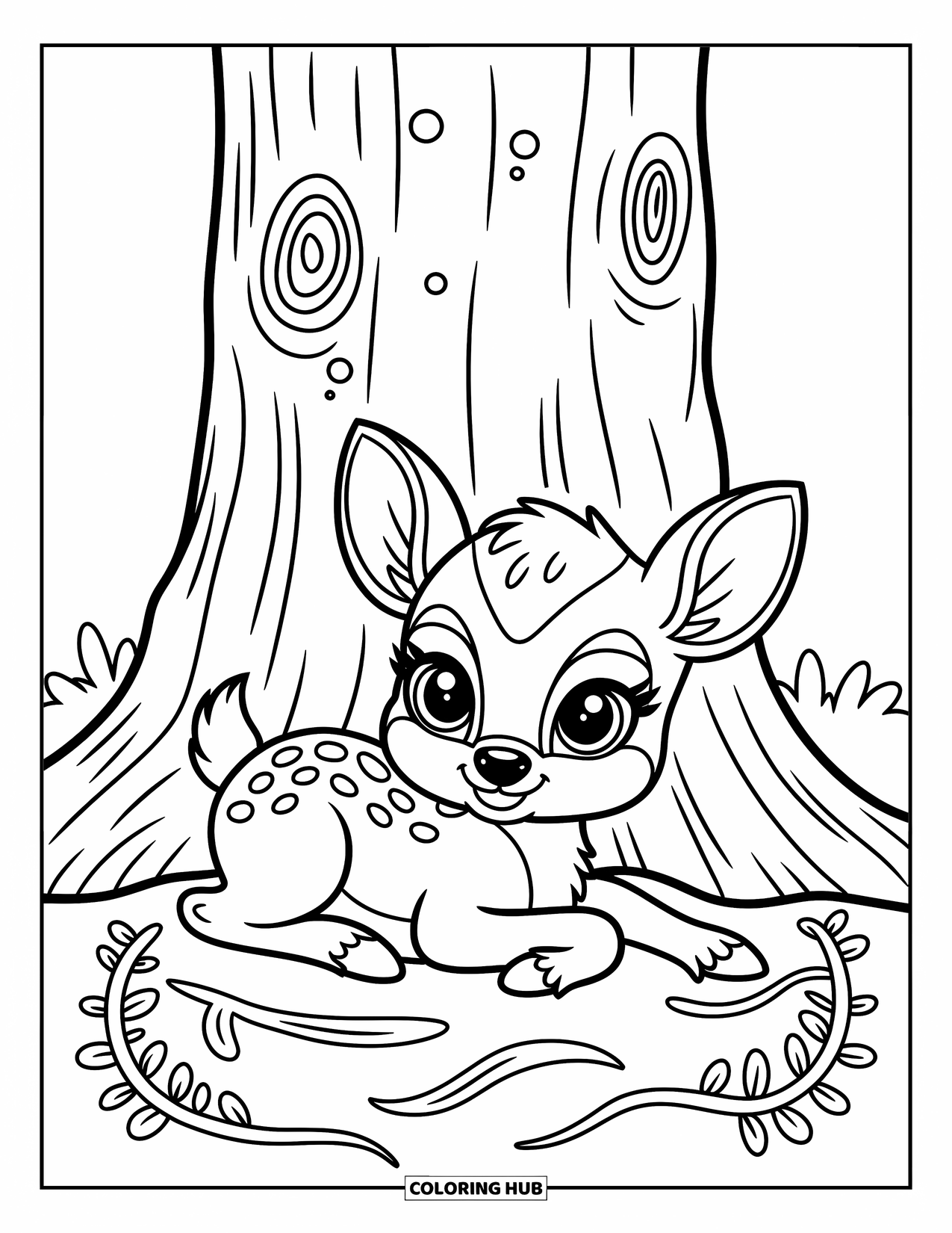 Baby Deer Coloring Page for Adults: A baby deer rests beside a tall old tree with moss and curling vines