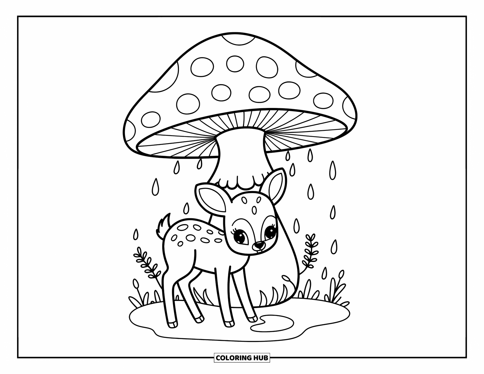 Baby Deer Coloring Page for Adults: A baby deer shelters under a big mushroom with soft raindrops and moss nearby