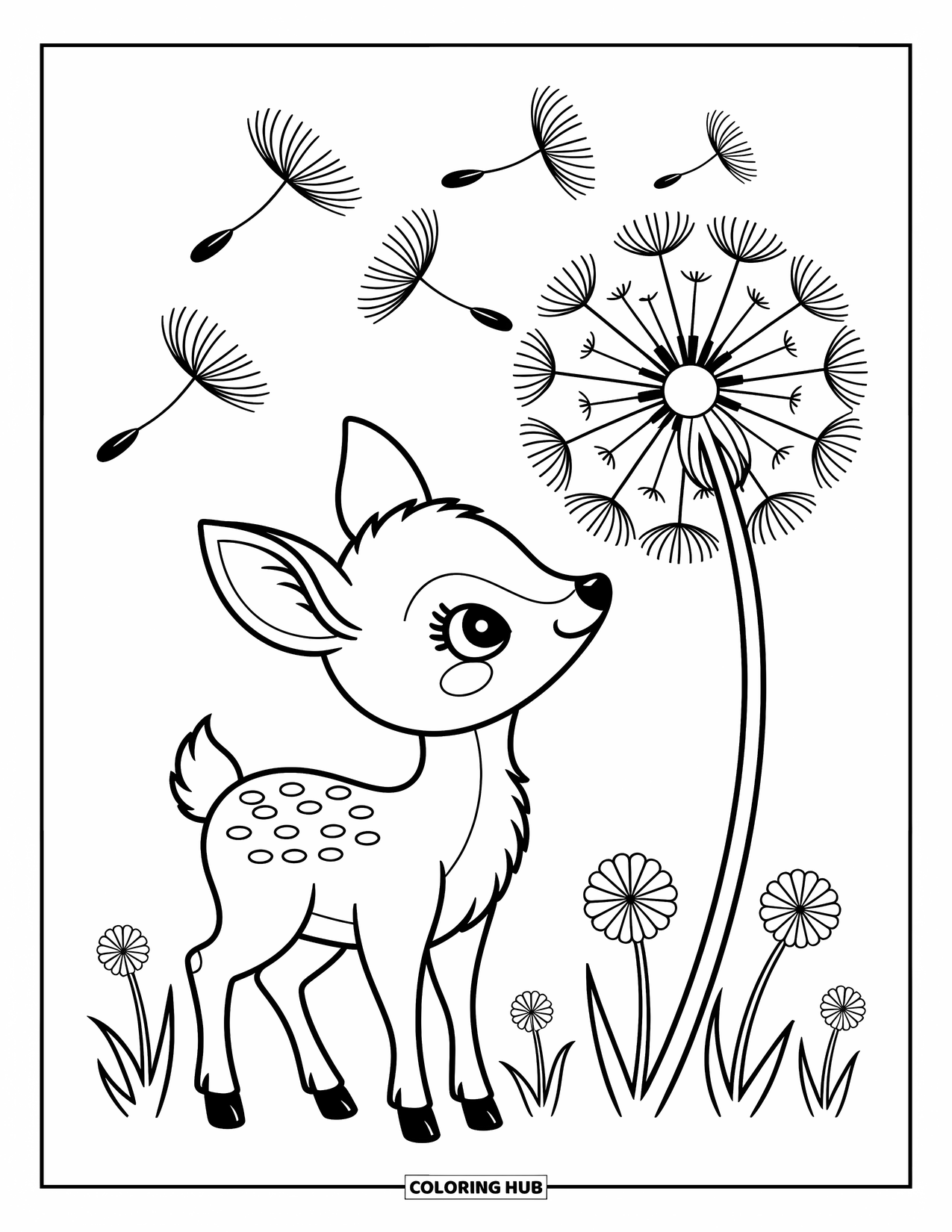 Baby Deer Coloring Page for Adults: A baby deer sniffs a dandelion as its seeds float gently through the air