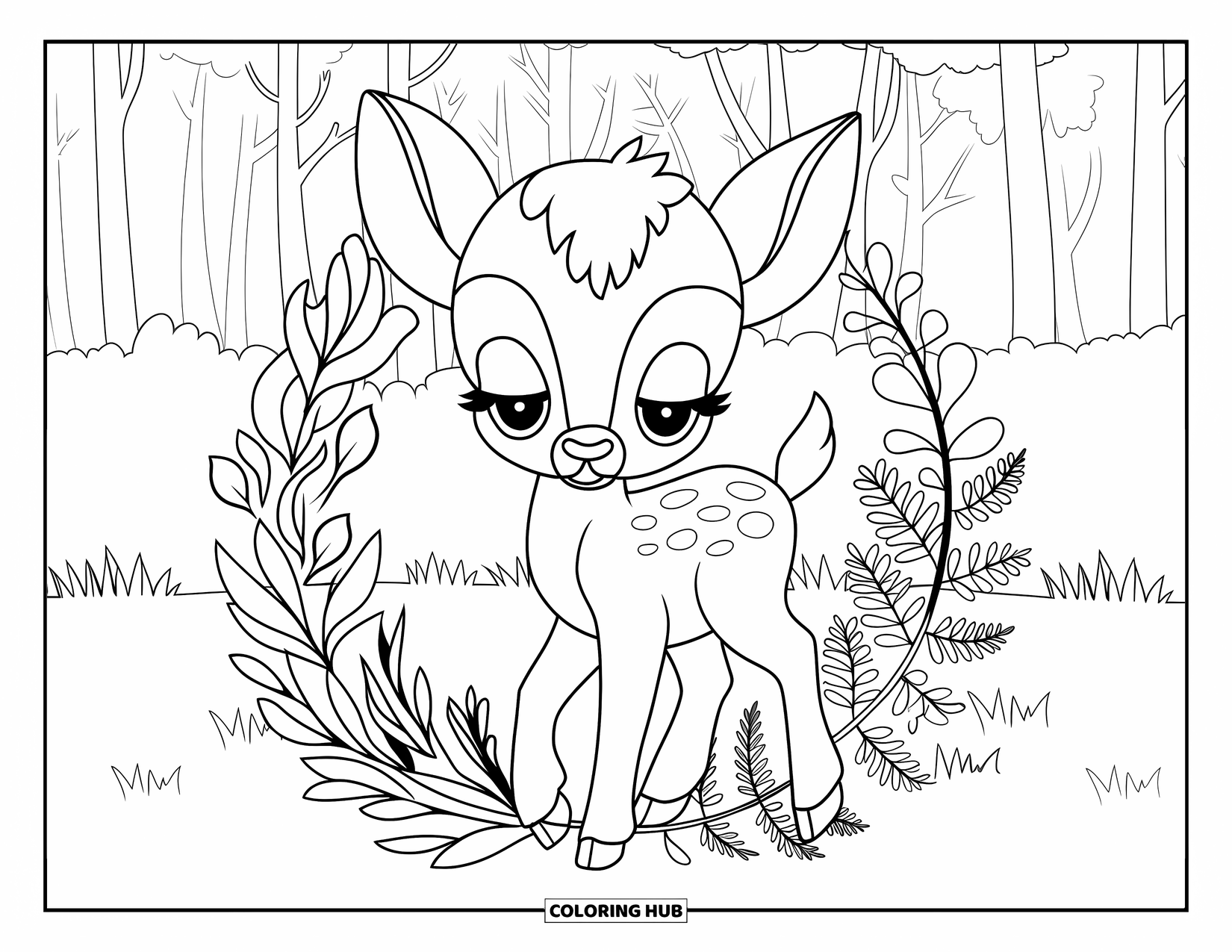 Baby Deer Coloring Page for Adults: A baby deer stands among layered wreaths of ferns and leaves in a quiet forest