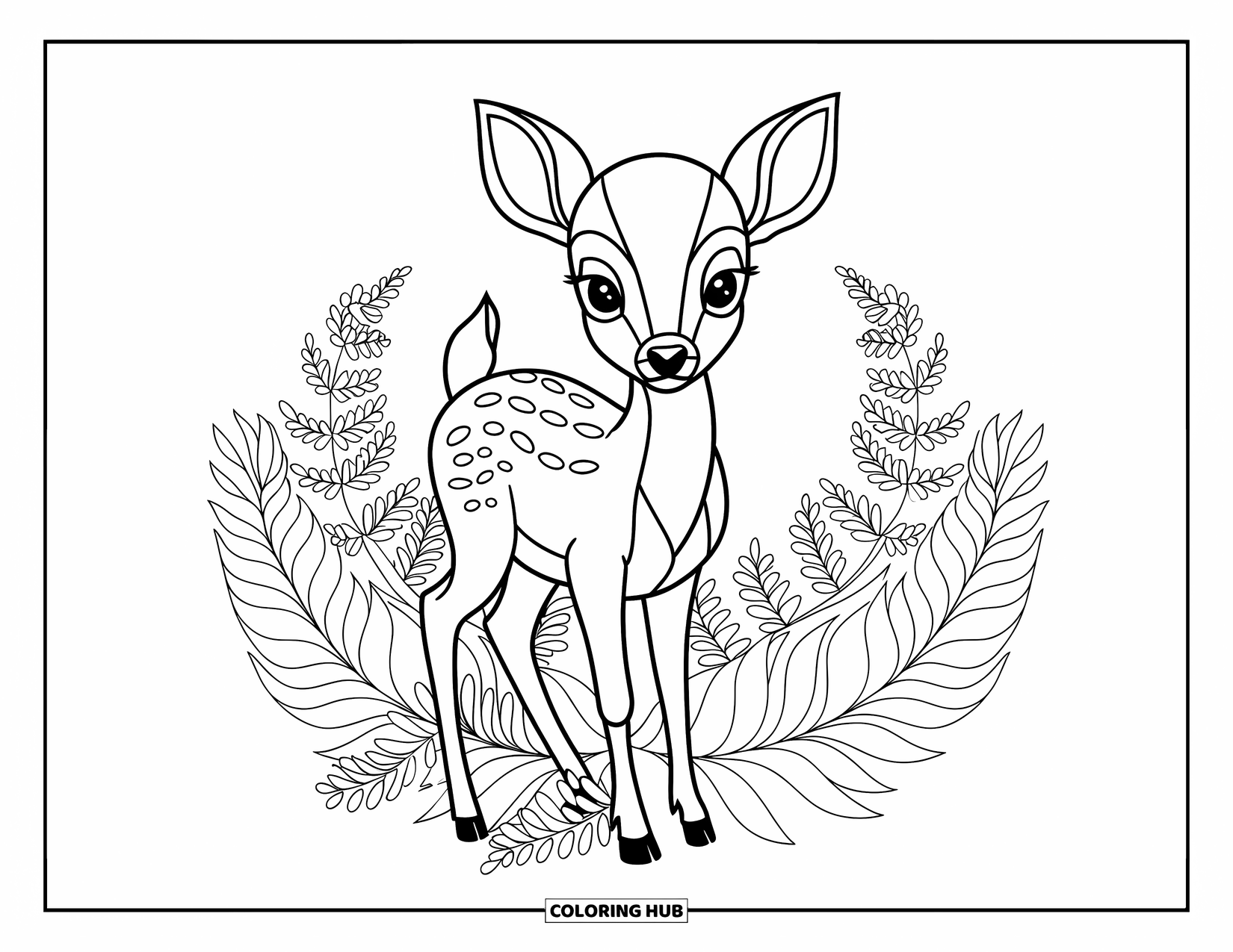 Baby Deer Coloring Page for Adults: A baby deer stands calmly among botanical wreaths and fern fronds