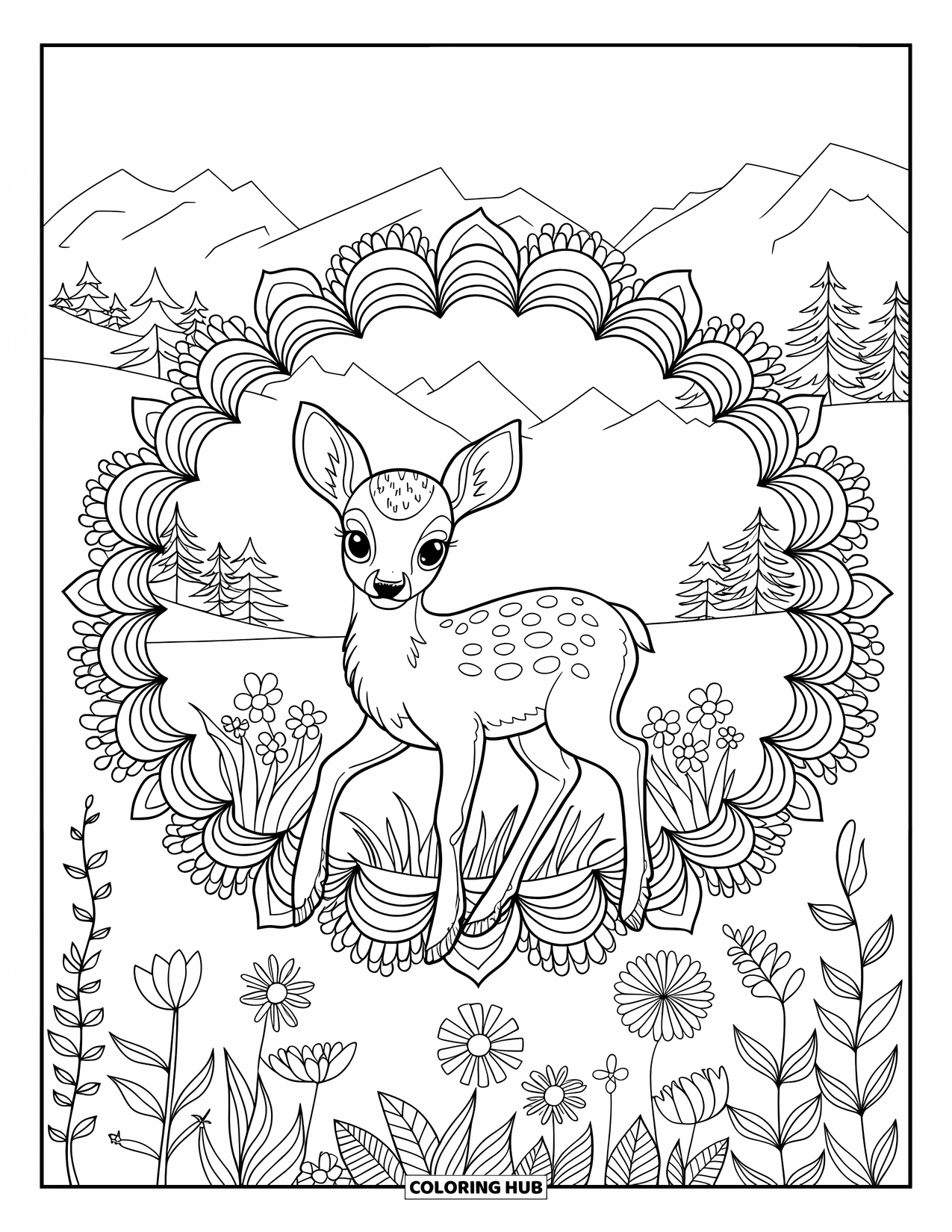 Baby Deer Coloring Page for Adults: A baby deer stands in the middle of wildflowers arranged in circular mandala layers