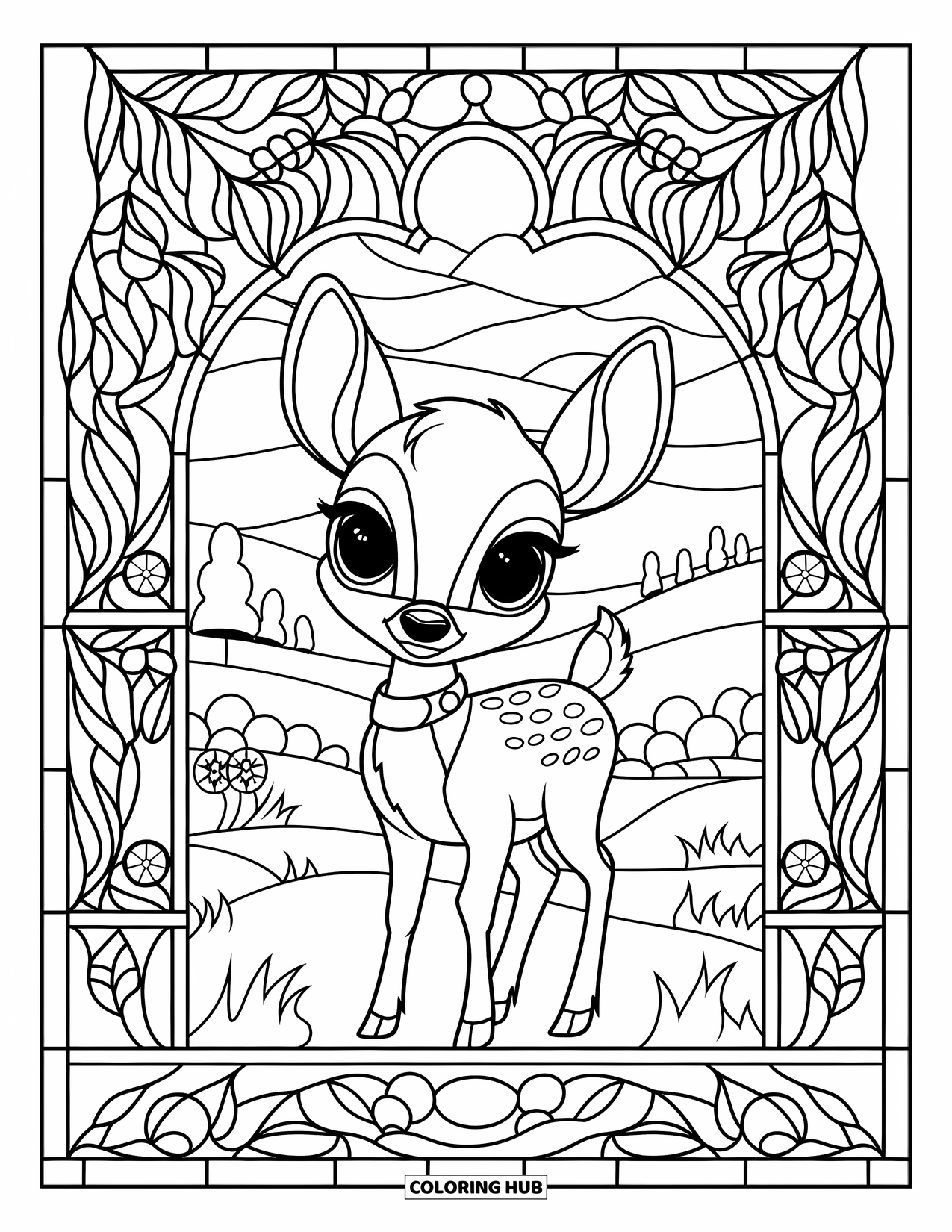 Baby Deer Coloring Page for Adults: A baby deer with a collar stands in a stained glass frame of flowers and animals