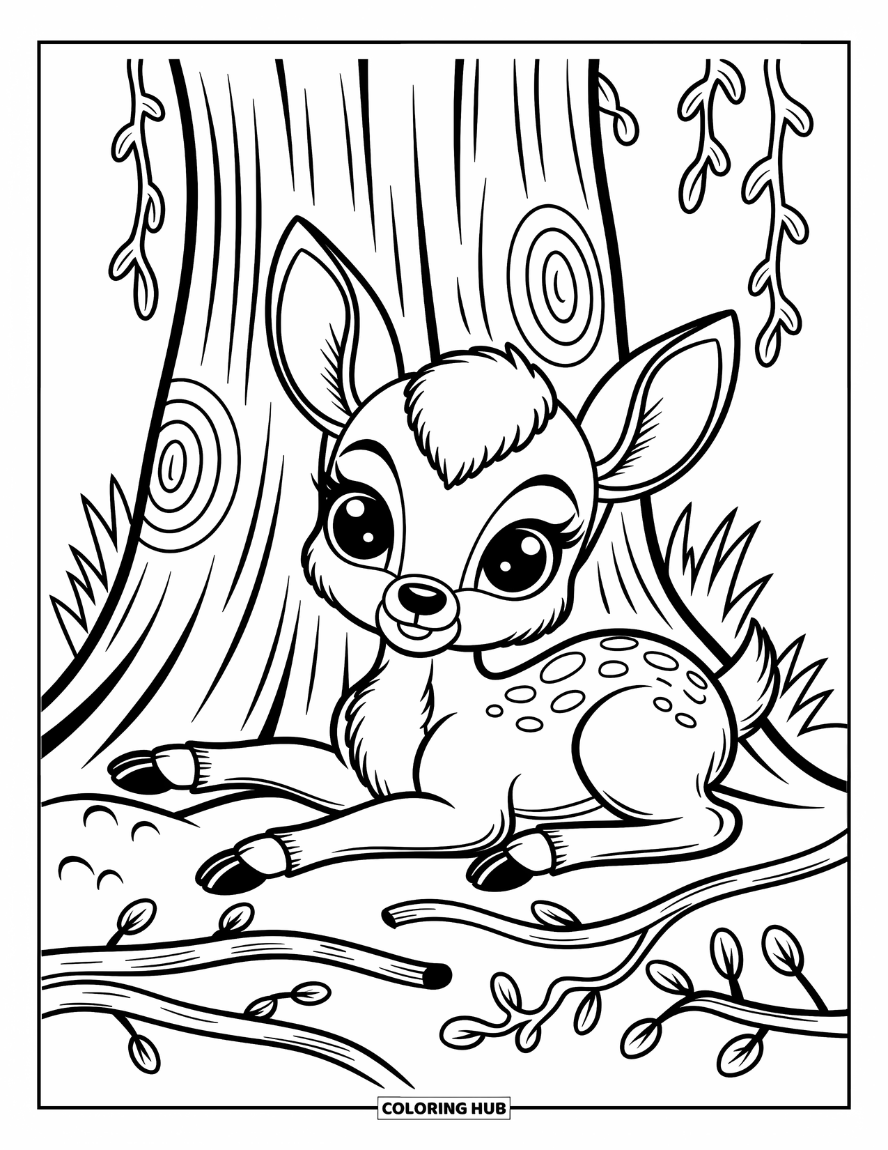 Baby Deer Coloring Page for Adults: A cozy deer relaxes near a tree trunk surrounded by moss, twigs, and forest grass