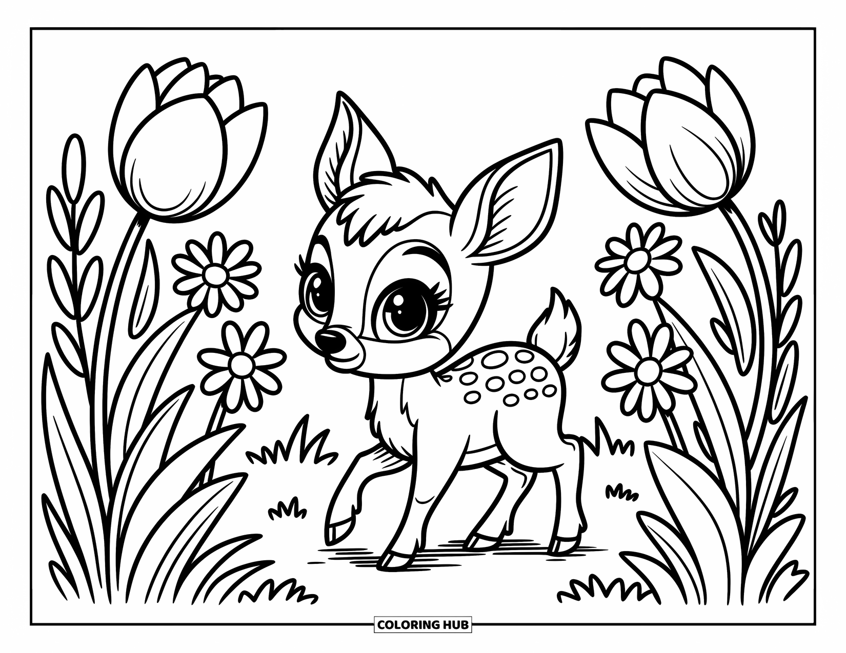 Baby Deer Coloring Page for Adults: A curious deer tiptoes through tall wildflowers in a cozy grassy field