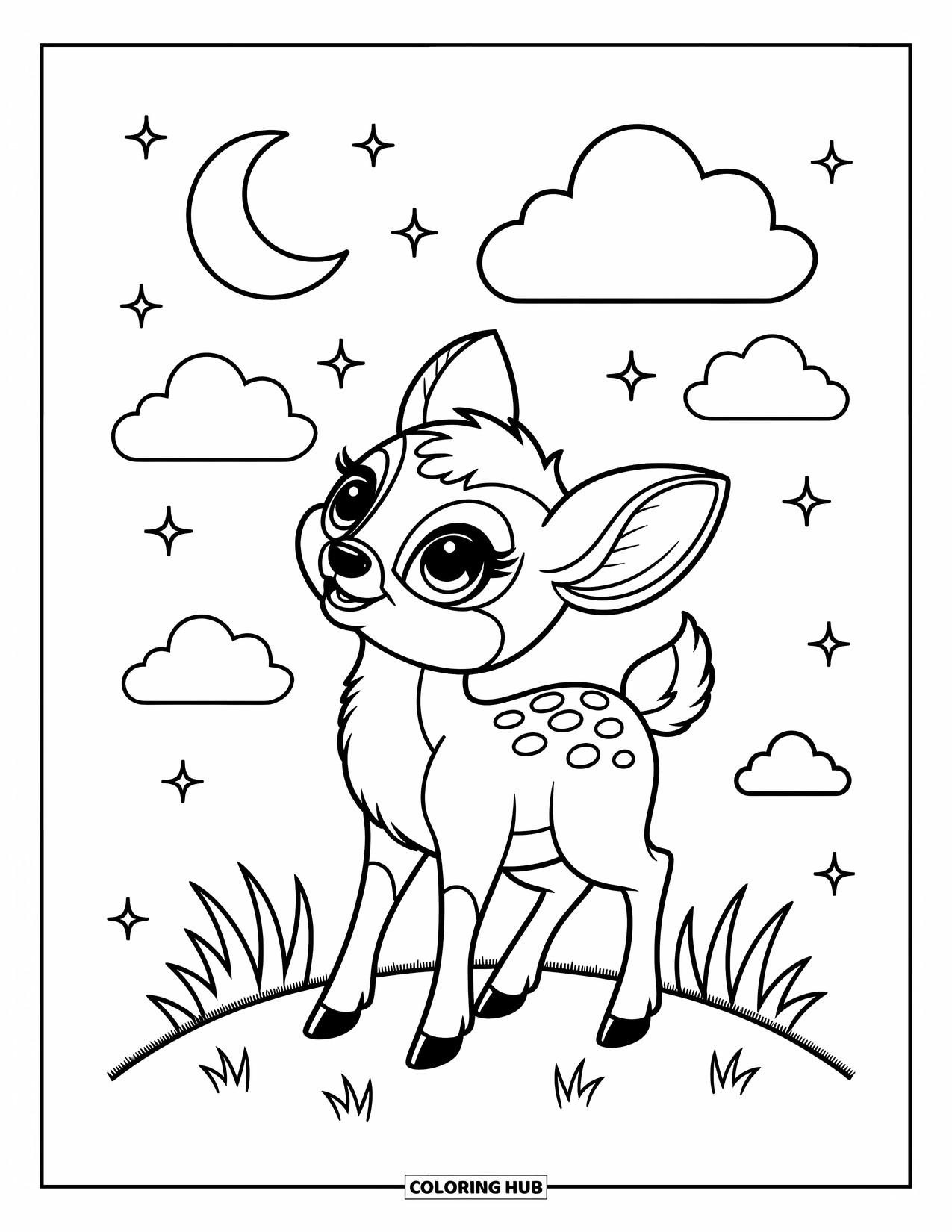 Baby Deer Coloring Page for Adults: A curious deer watches the night sky from a quiet hill with tufts of grass