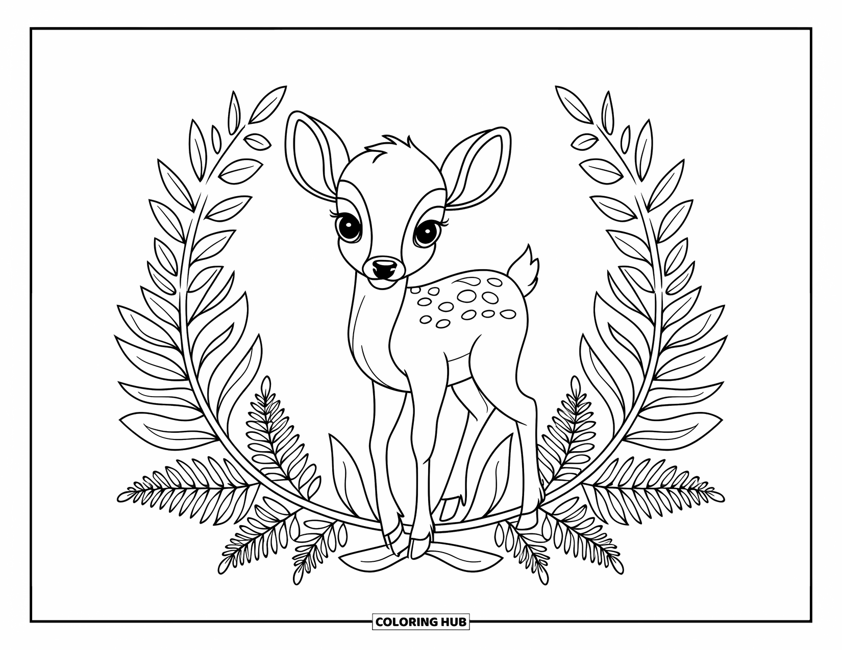 Baby Deer Coloring Page for Adults: A gentle baby deer stands among detailed wreaths of ferns and soft forest plants