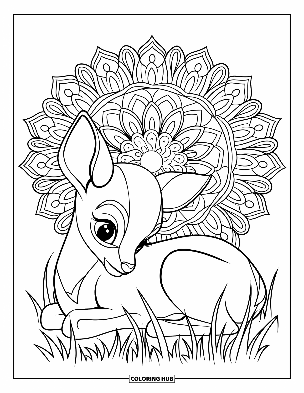 Baby Deer Coloring Page for Adults: A peaceful baby deer is nestled in a meadow with a floral mandala all around