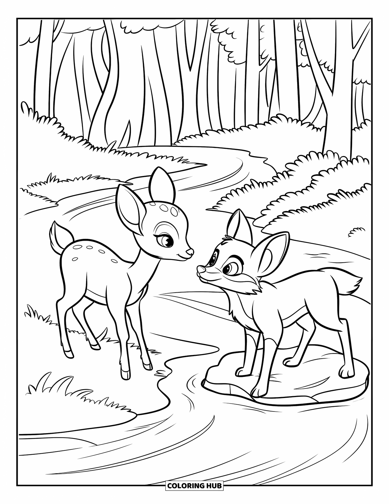Baby Deer Coloring Page for Kids: A baby deer and a fox watch each other beside a quiet forest stream