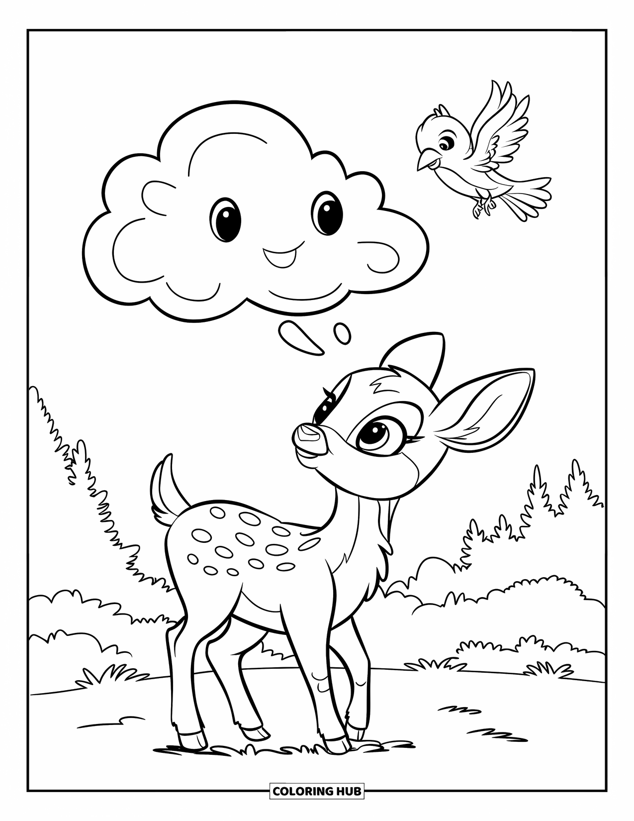 Baby Deer Coloring Page for Kids: A baby deer gazes up at a smiling cloud with a flying bird nearby