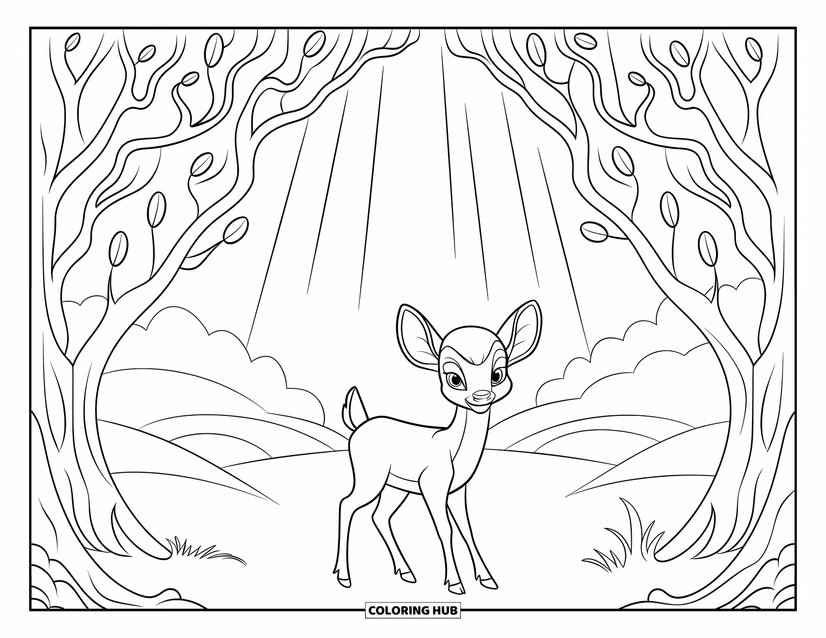 Baby Deer Coloring Page for Kids: A baby deer glows beneath curved trees with hills and distant mountains behind