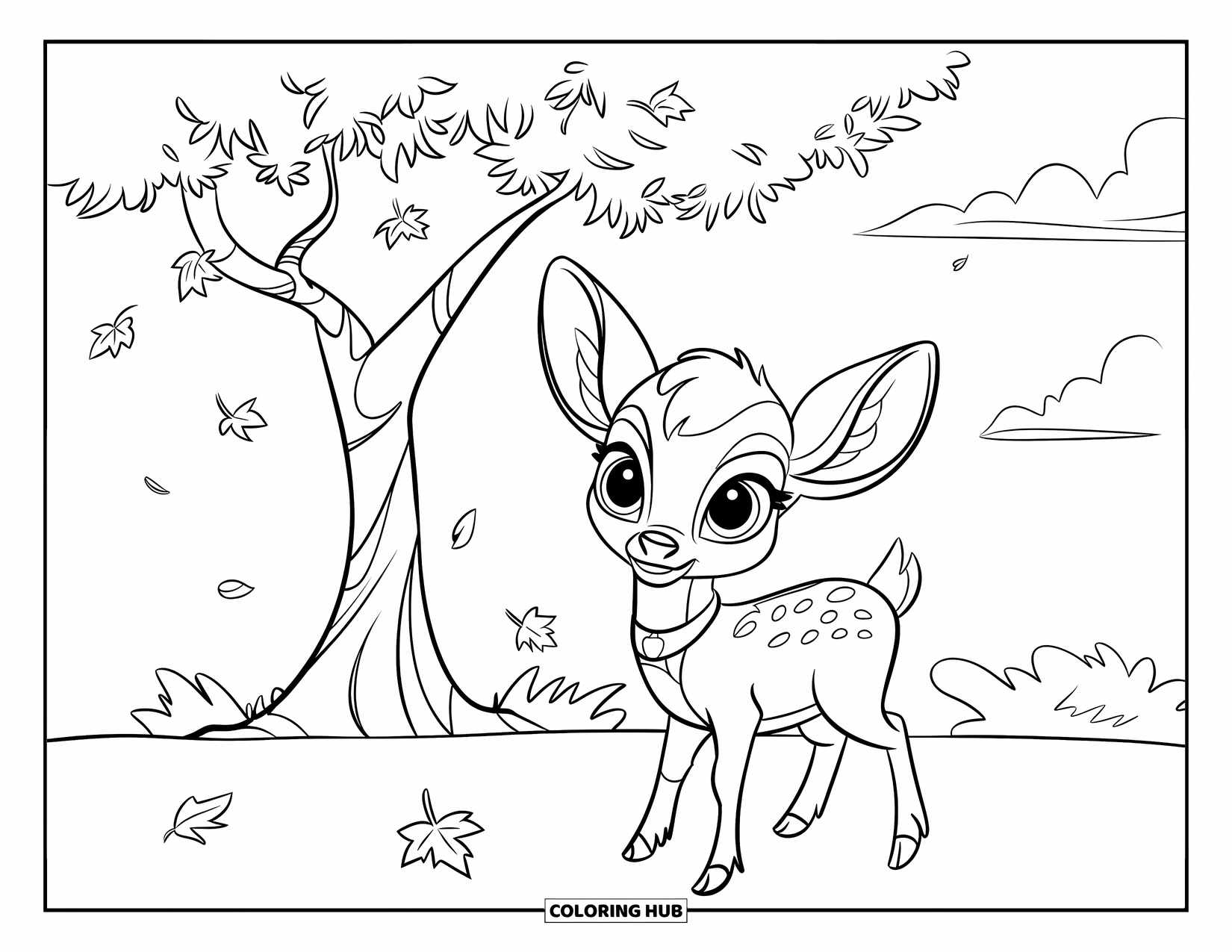 Baby Deer Coloring Page for Kids: A baby deer in a collar stands beside a leafy tree under a soft sky