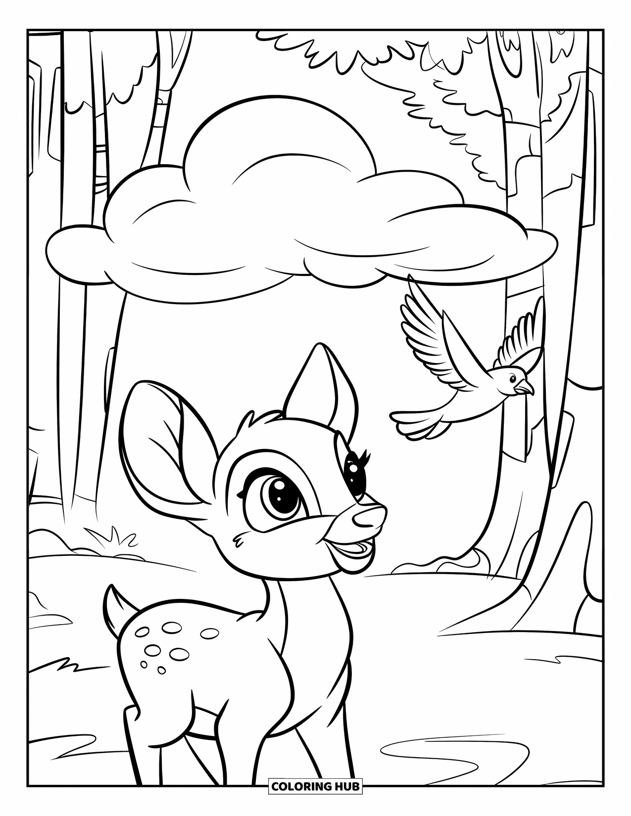 Baby Deer Coloring Page for Kids: A baby deer looks up at a cloud with a bird flying nearby in the trees