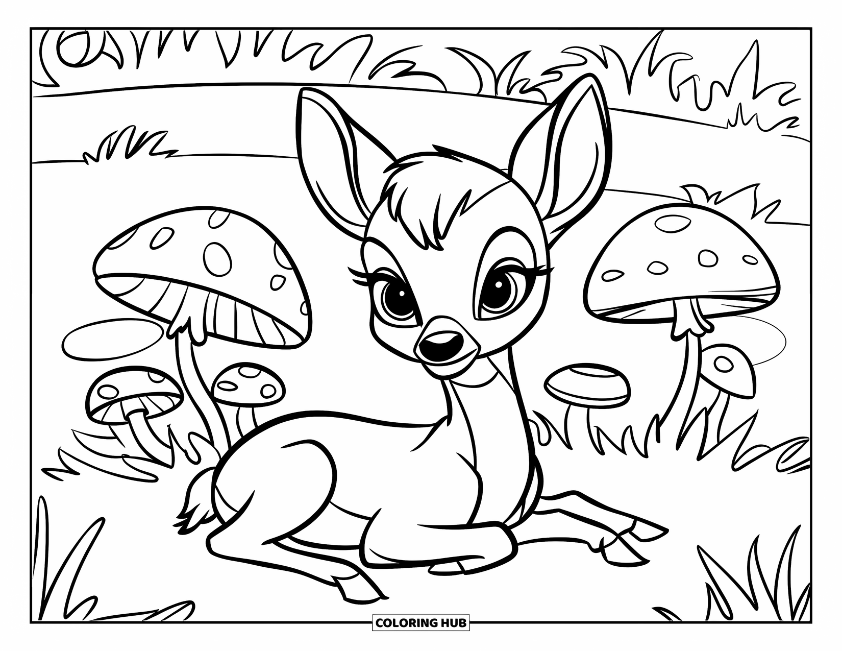 Baby Deer Coloring Page for Kids: A baby deer naps on the grass beside large flowers and round mushrooms