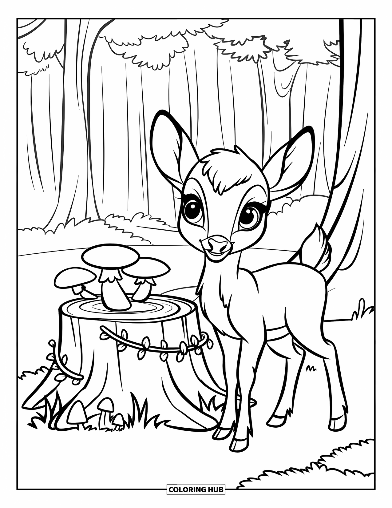 Baby Deer Coloring Page for Kids: A baby deer pauses beside a stump wrapped in vines and dotted with mushrooms