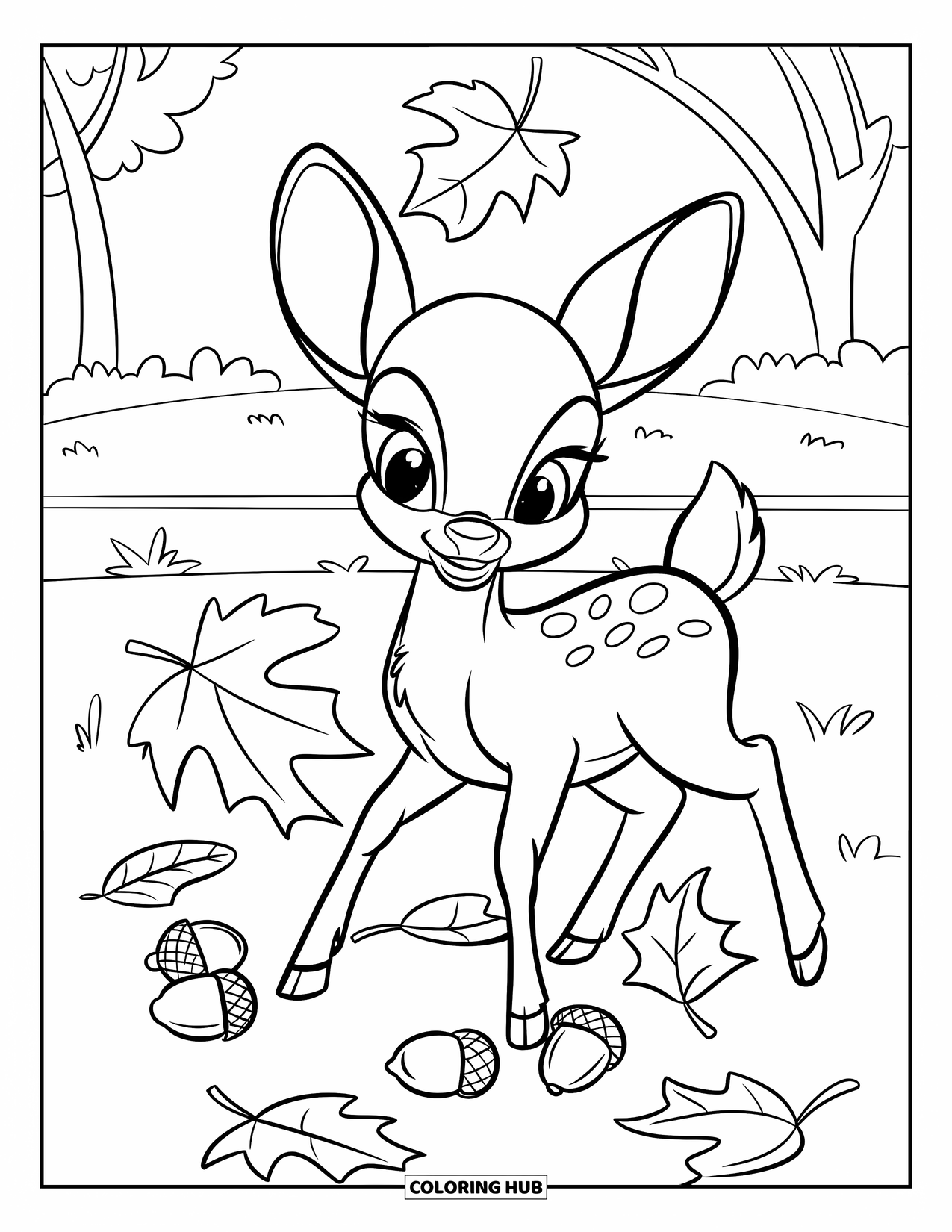 Baby Deer Coloring Page for Kids: A baby deer plays with falling leaves and scattered acorns in a grassy field