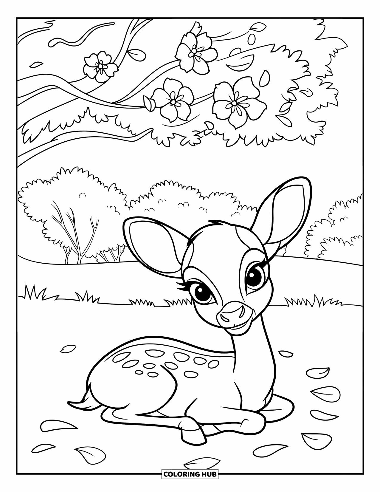 Baby Deer Coloring Page for Kids: A baby deer rests under a blossom tree in a quiet green field