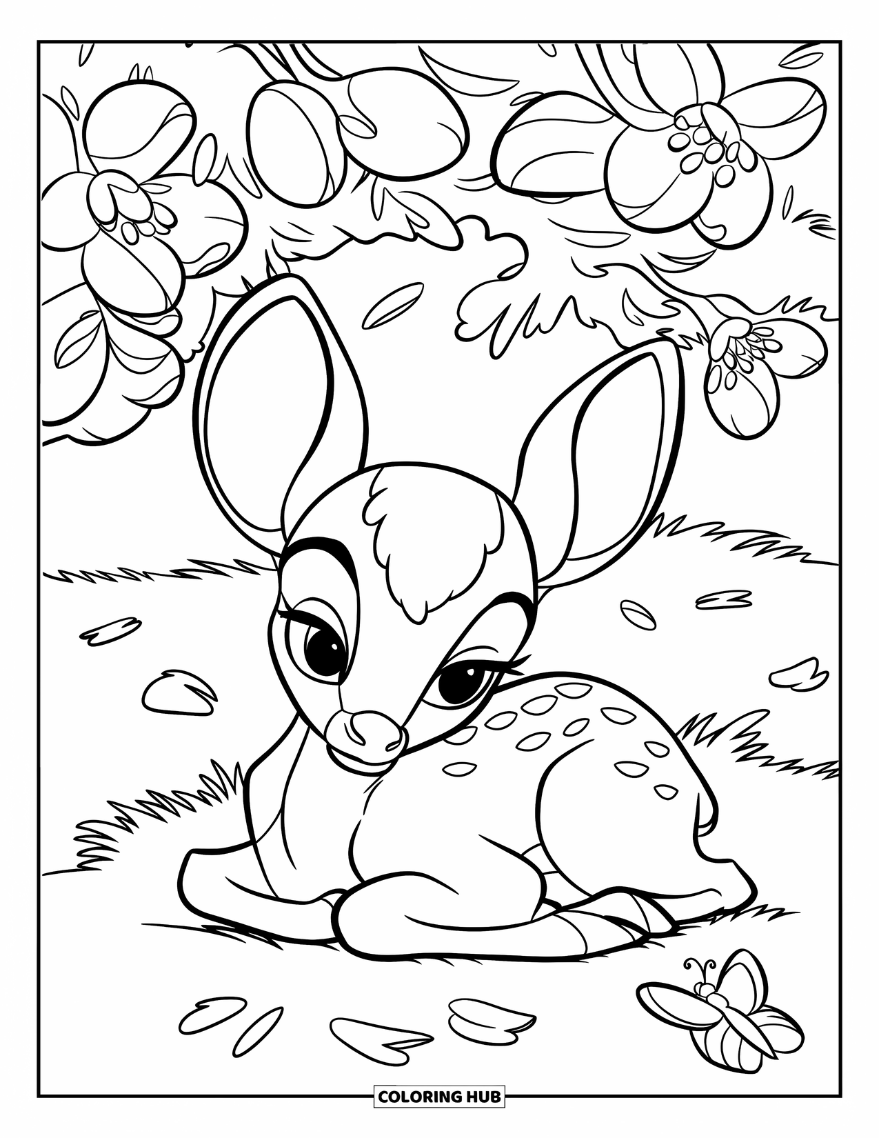 Baby Deer Coloring Page for Kids: A baby deer sleeps under a tree with petals and a nearby butterfly