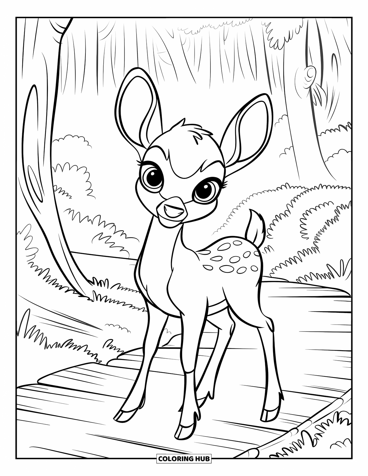 Baby Deer Coloring Page for Kids: A baby deer stands at the start of a misty forest trail