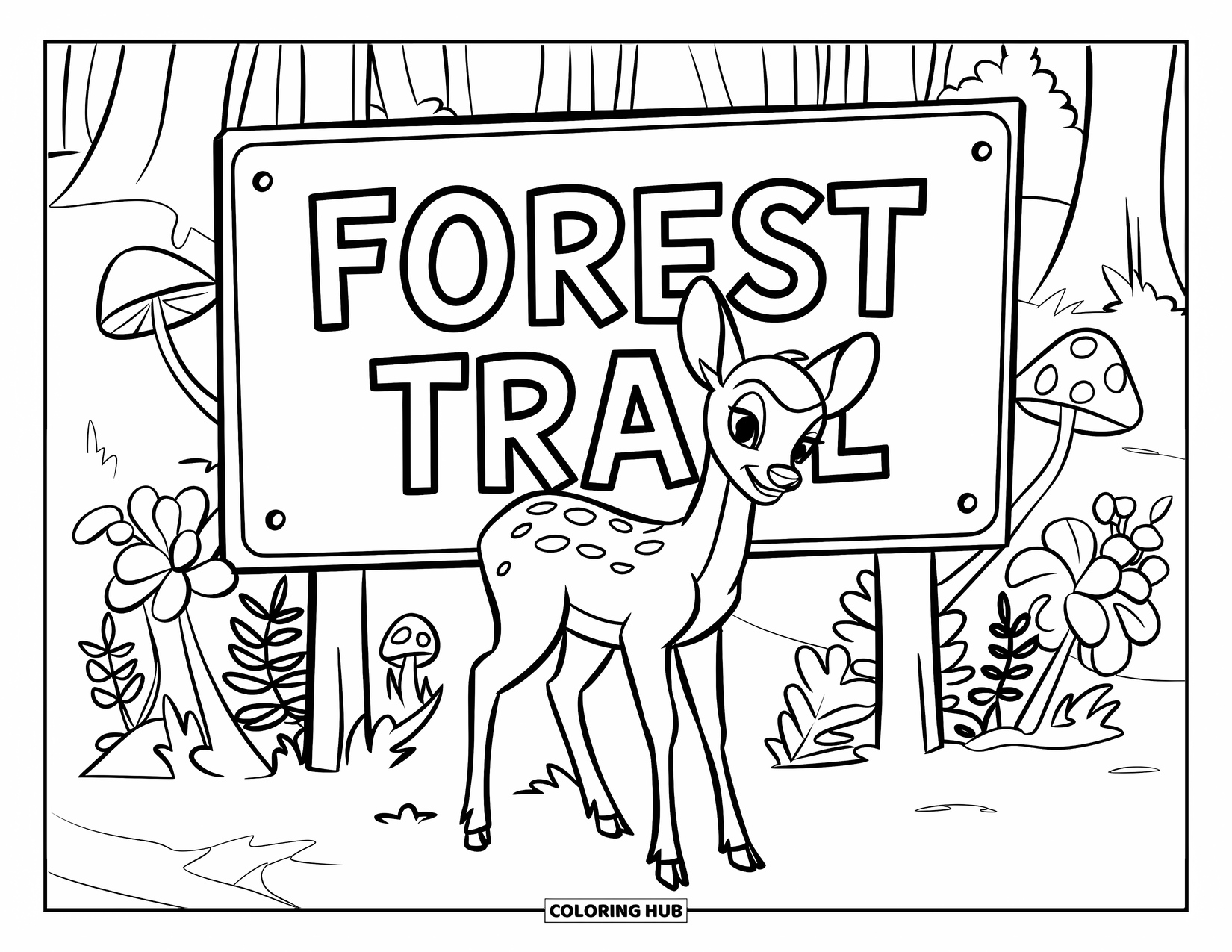 Baby Deer Coloring Page for Kids: A baby deer stands near a forest sign that reads "Forest Trail"