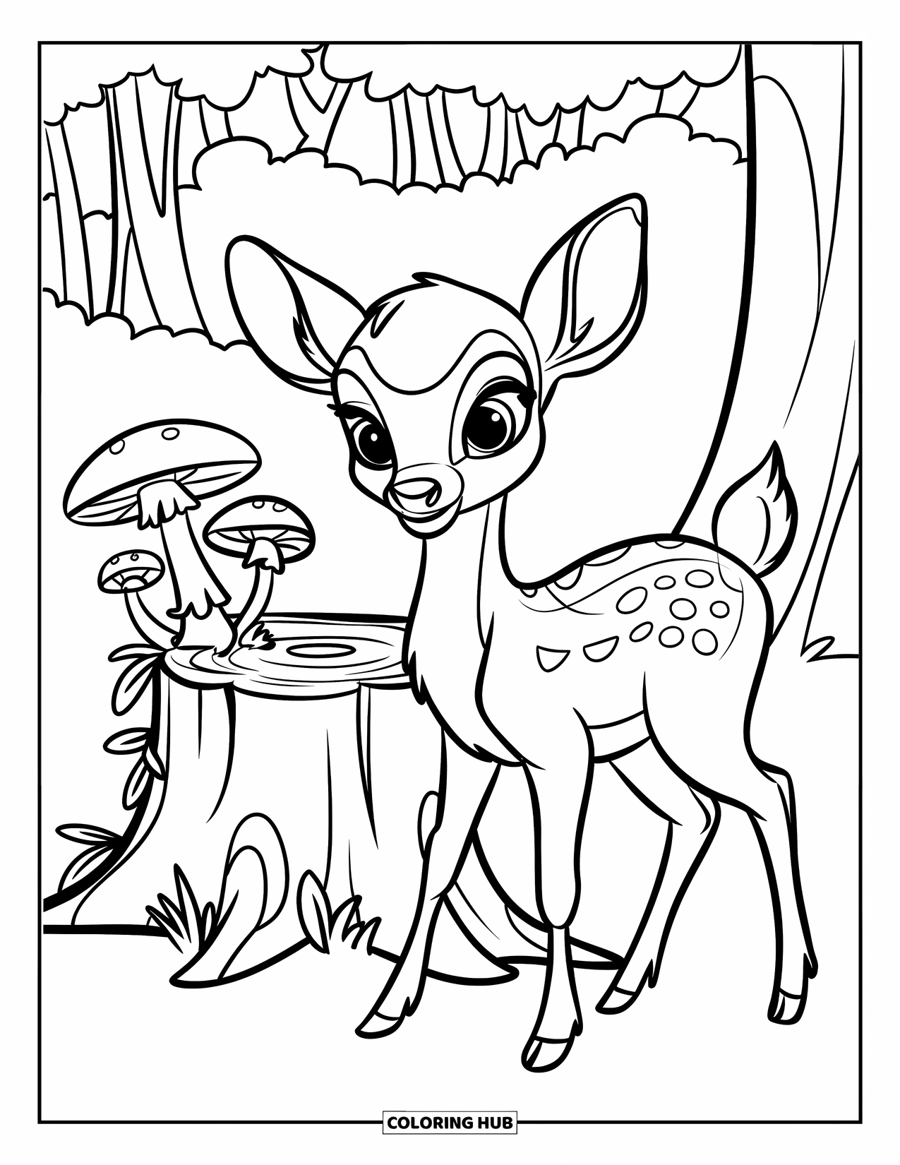 Baby Deer Coloring Page for Kids: A baby deer stands next to a tree stump covered in mushrooms and vines