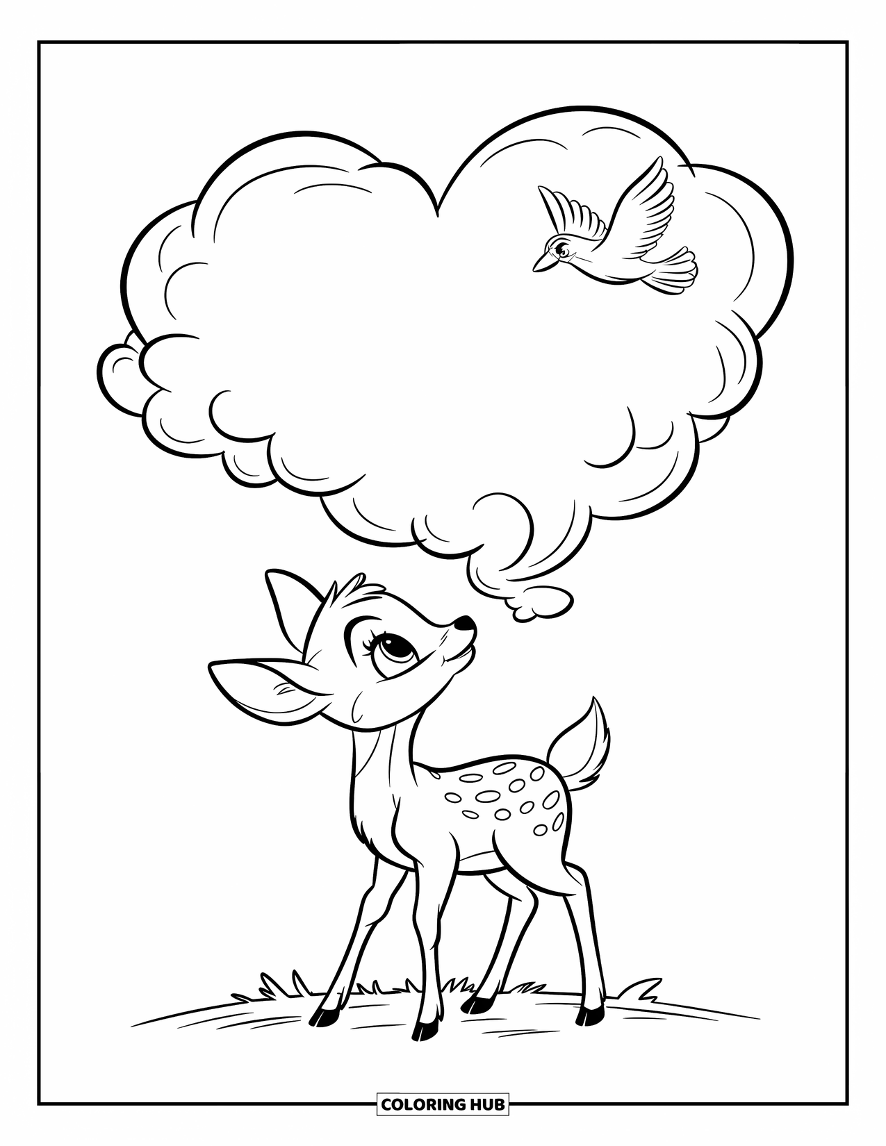 Baby Deer Coloring Page for Kids: A baby deer stands on grass, looking up at a cloud shaped like a heart