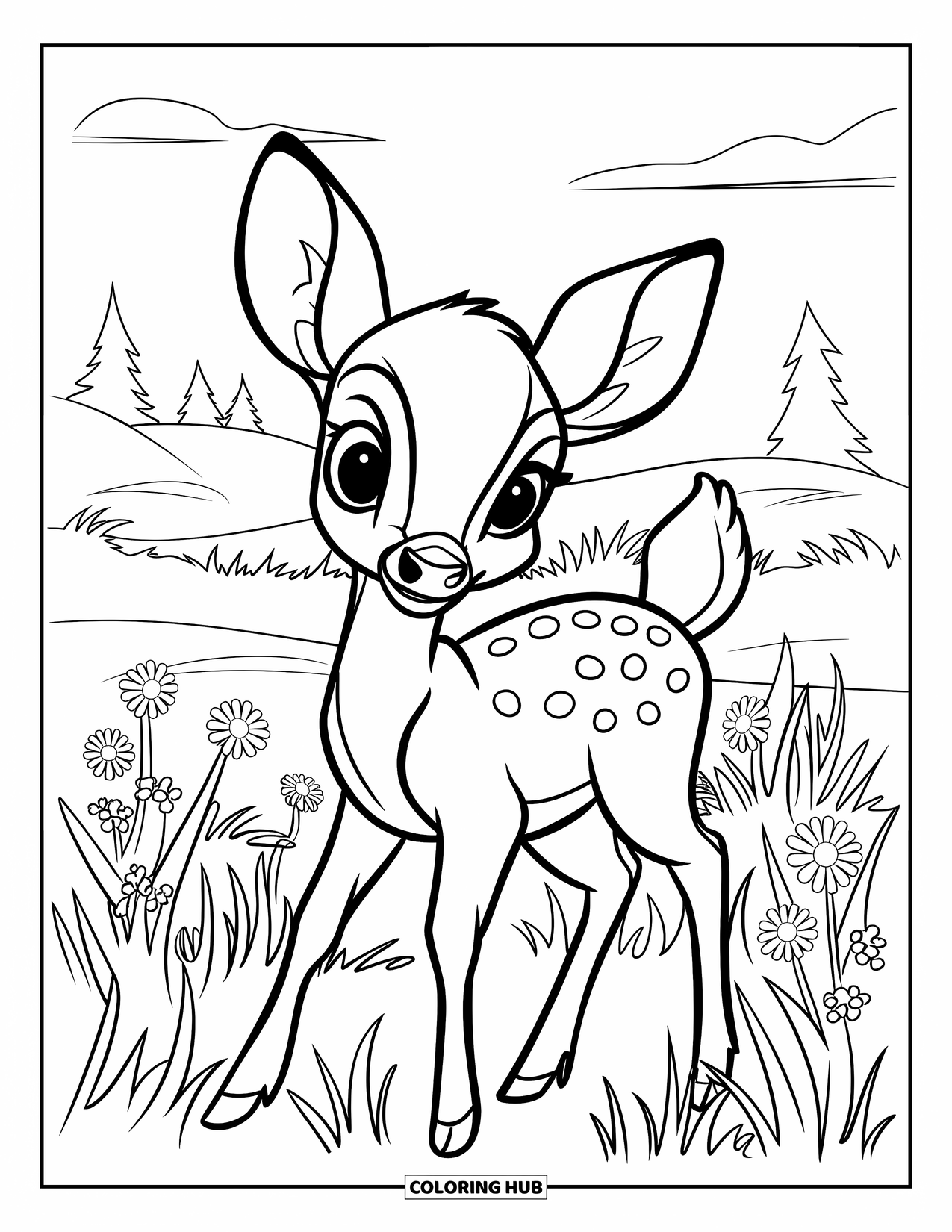 Baby Deer Coloring Page for Kids: A baby deer stands tall in a meadow filled with flowers and trees