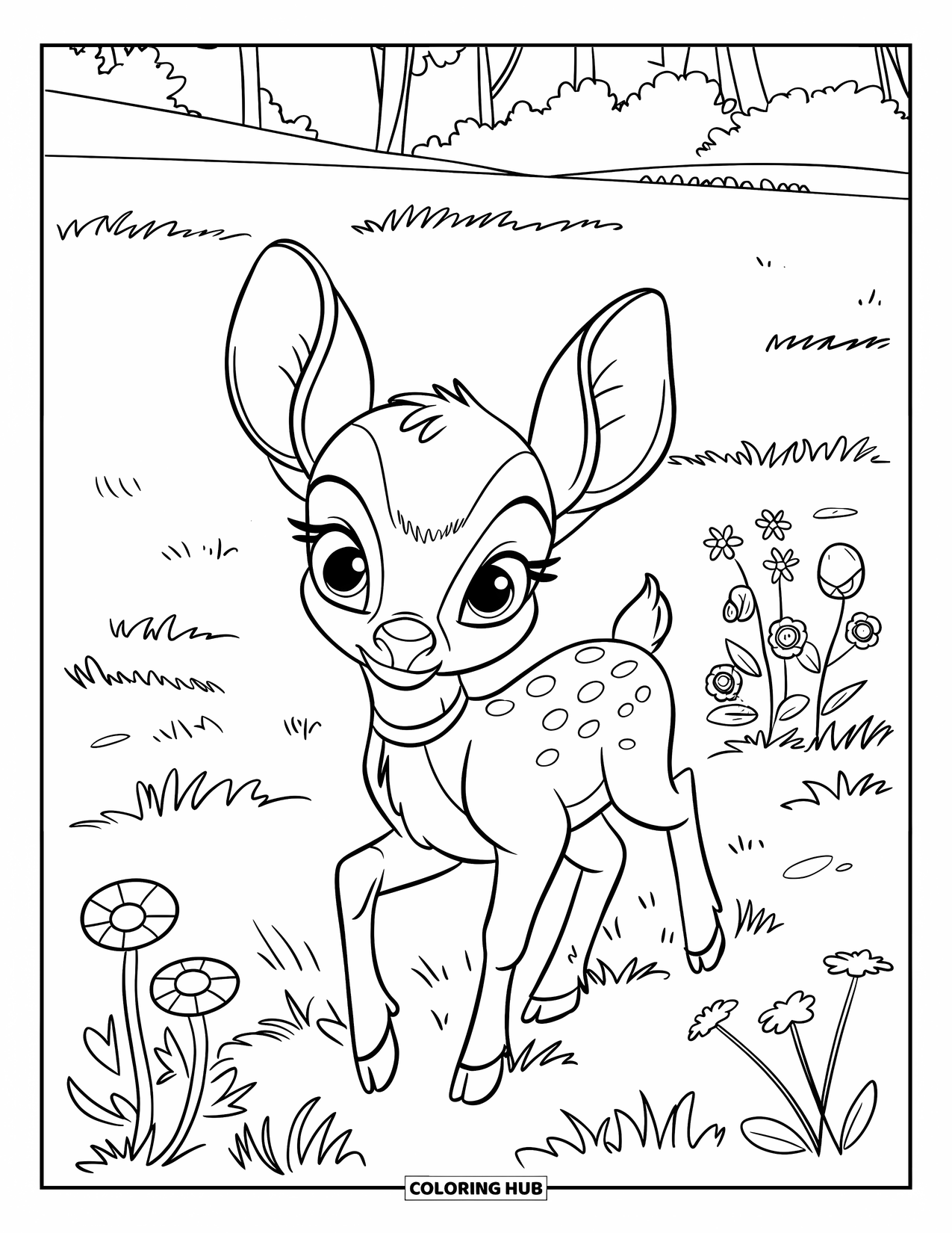 Baby Deer Coloring Page for Kids: A baby deer steps through wildflowers and grass wearing a cute collar