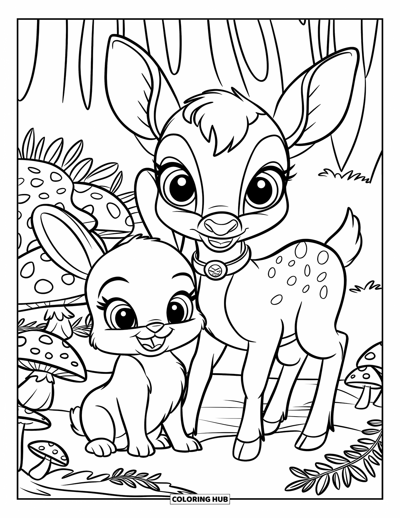 Baby Deer Coloring Page for Kids: A baby deer with a collar and bunny on a log rest near ferns and mushrooms