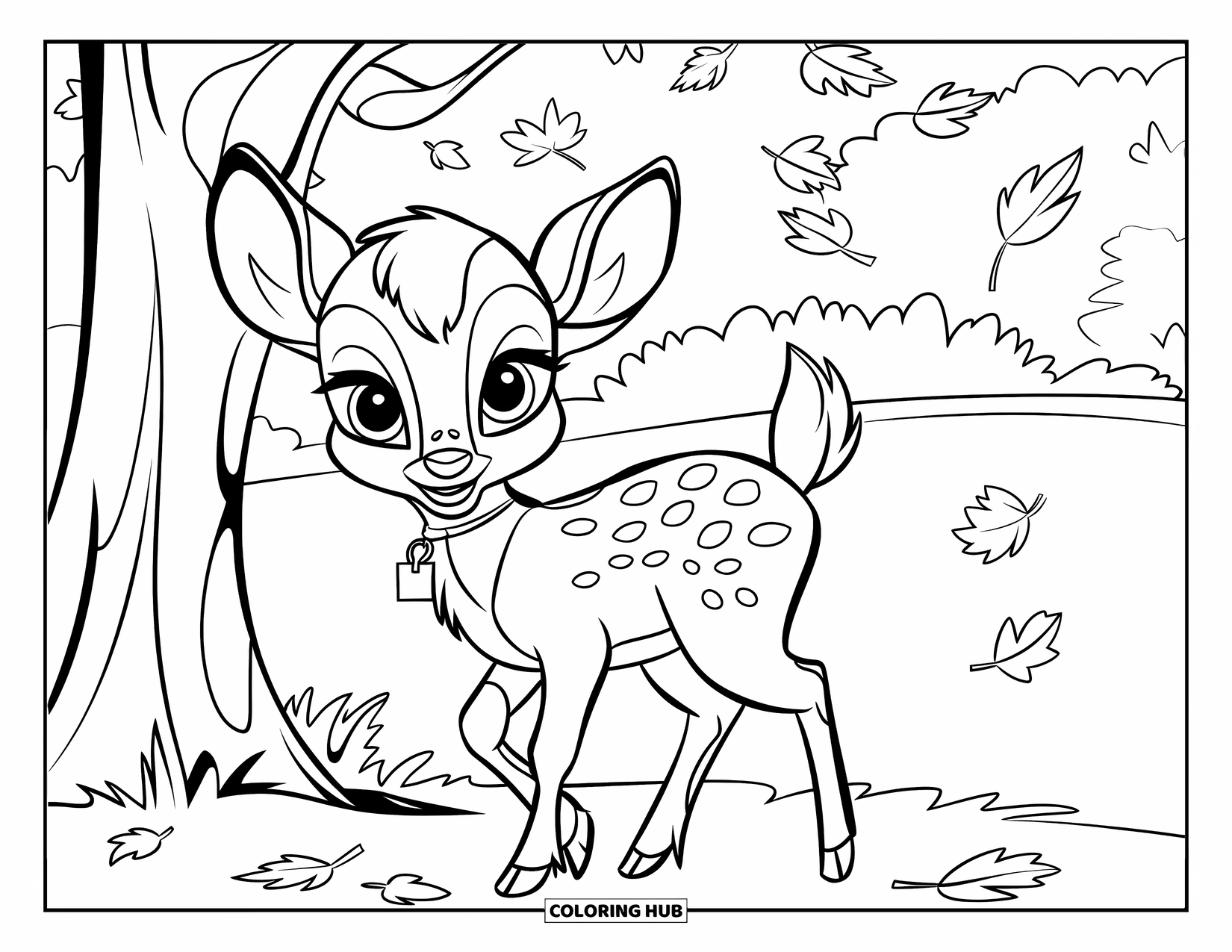 Baby Deer Coloring Page for Kids: A baby deer with a collar stands under a tree surrounded by fallen leaves