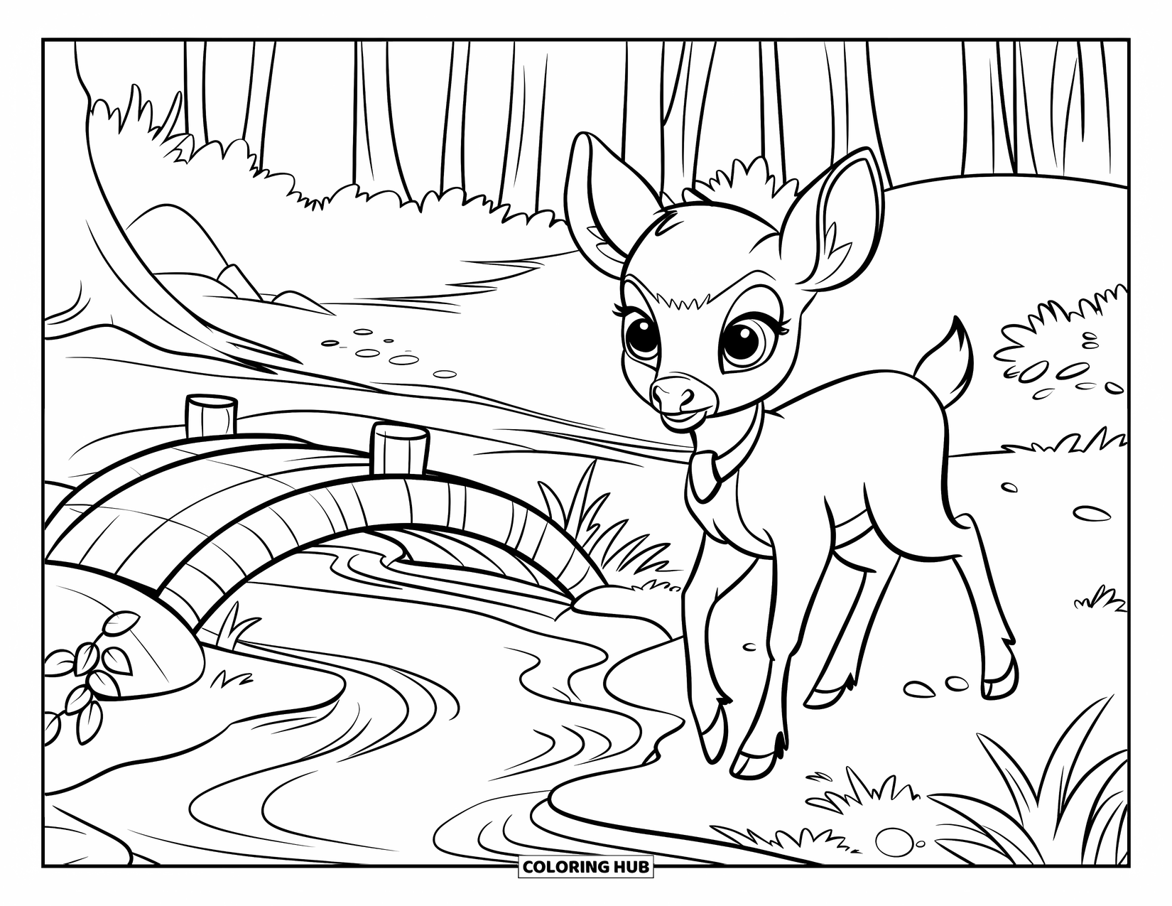 Baby Deer Coloring Page for Kids: A baby deer with a collar strolls beside a bridge over a clear stream