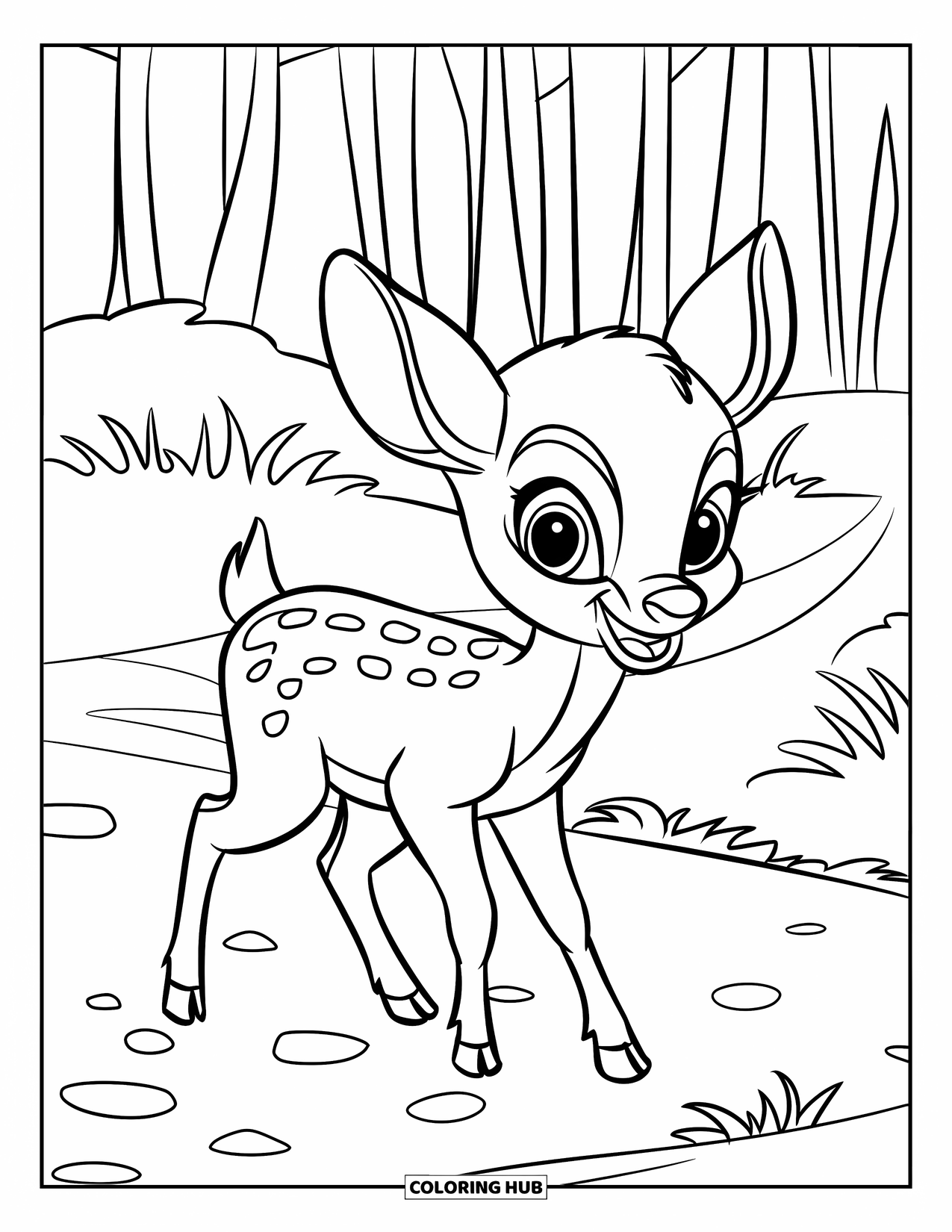 Baby Deer Coloring Page for Kids: A cheerful baby deer walks along a path with pebbles and grassy tufts