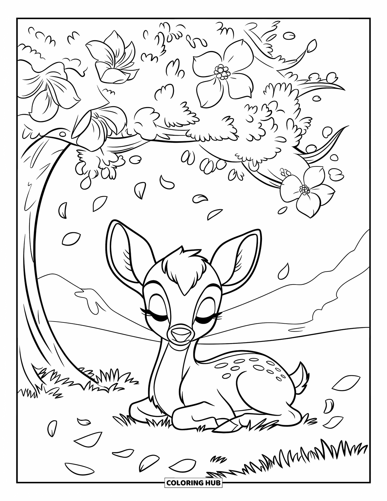 Baby Deer Coloring Page for Kids: A deer lies peacefully under a flowering tree with petals on the grass