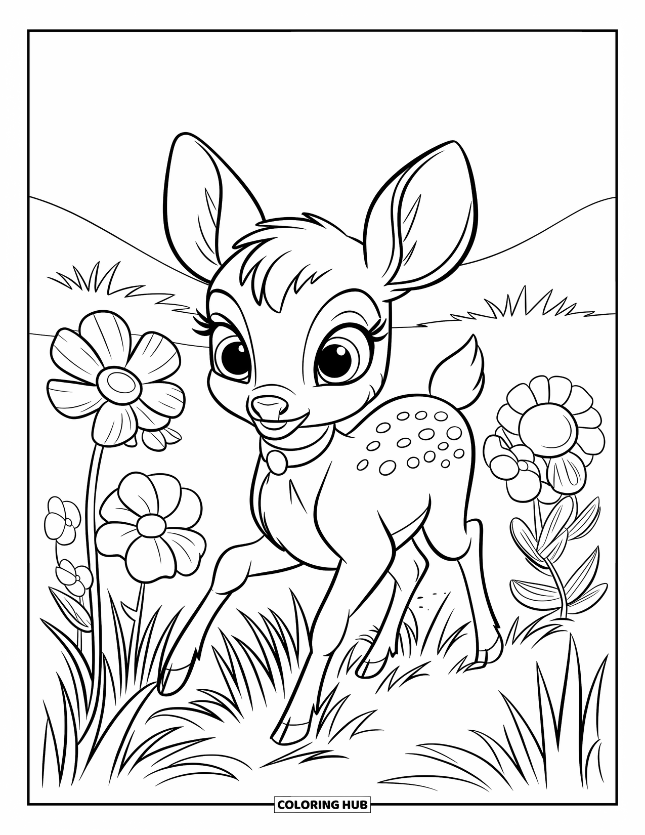 Baby Deer Coloring Page for Kids: A deer strolls through tall grass and big flowers with hills in the distance