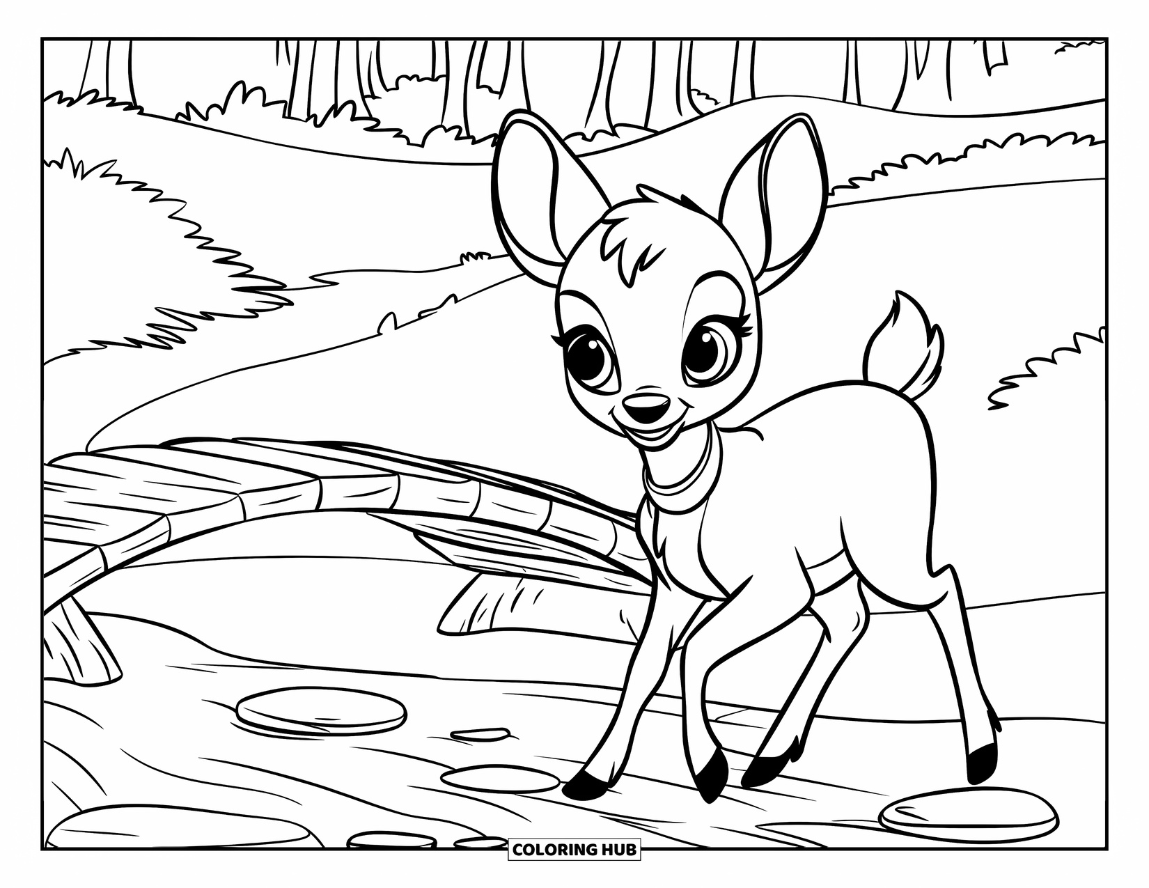 Baby Deer Coloring Page for Kids: A deer walks near a stream bridge in a lush forest full of tall trees