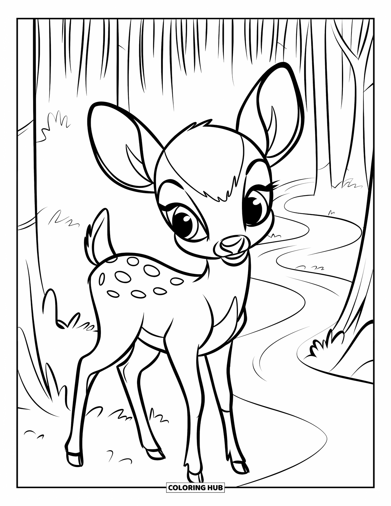 Baby Deer Coloring Page for Kids: A fluffy-tailed deer pauses on a mossy trail in the misty woods