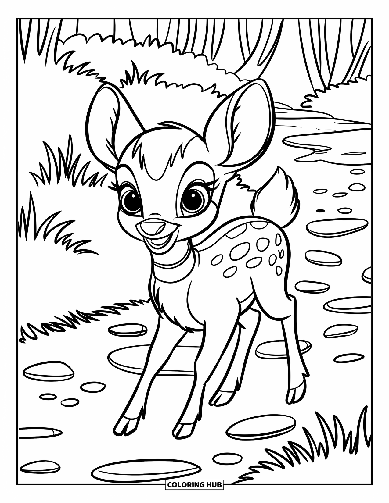 Baby Deer Coloring Page for Kids: A happy baby deer strolls through a forest path lined with grass and pebbles