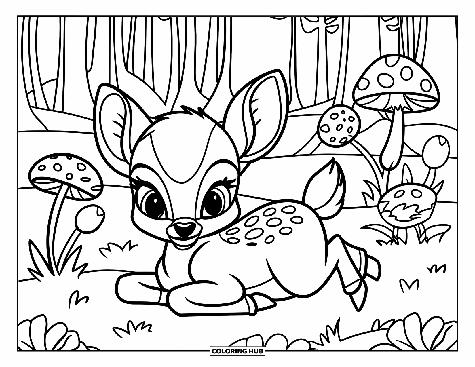 Baby Deer Coloring Page for Kids: A resting baby deer is surrounded by big flowers and mushrooms in a simple forest