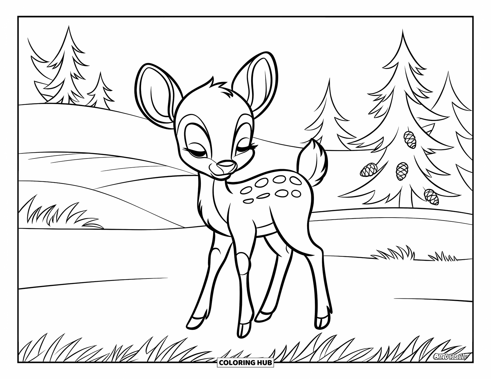 Baby Deer Coloring Page for Kids: A sleepy baby deer stands on grass near pine trees and gentle rolling hills
