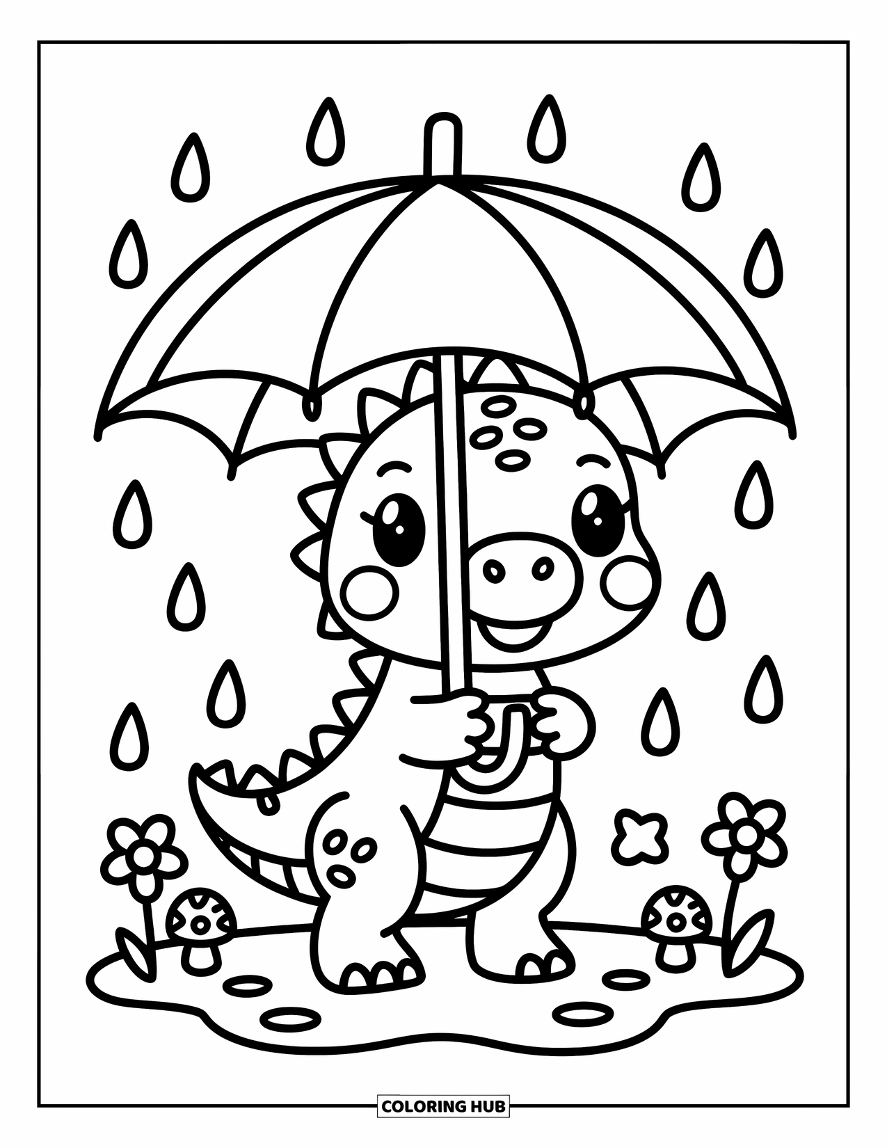 Baby Dinosaur Coloring Page for Adults: A baby dino stands under a leaf umbrella while soft rain falls around it