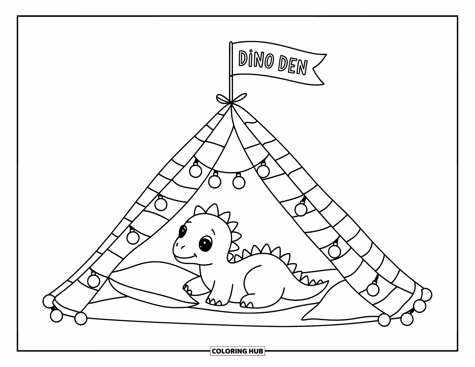Baby Dinosaur Coloring Page for Adults: A baby dinosaur lounges inside a blanket fort lit with fairy lights and cozy vibes