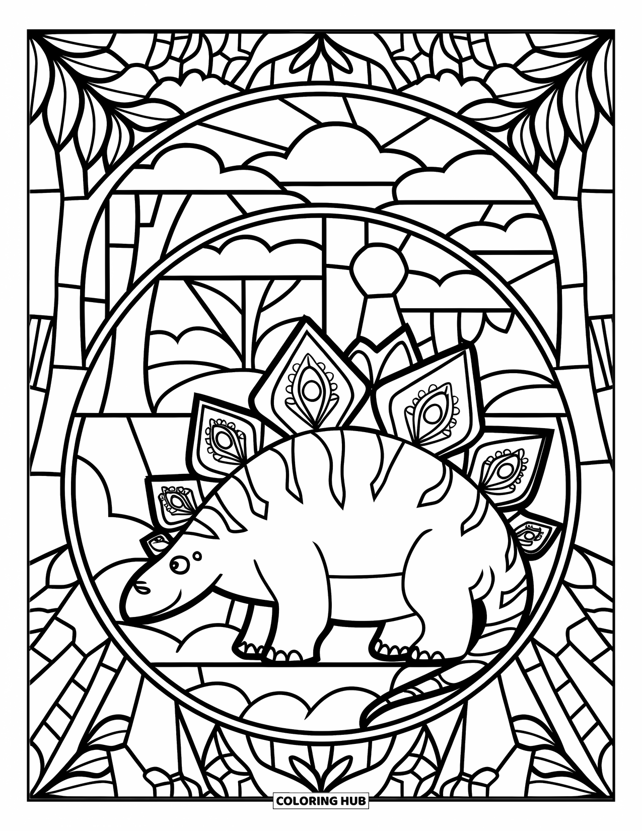 Baby Dinosaur Coloring Page for Adults: A baby stegosaurus nestles in the center of a stained glass-style jungle design